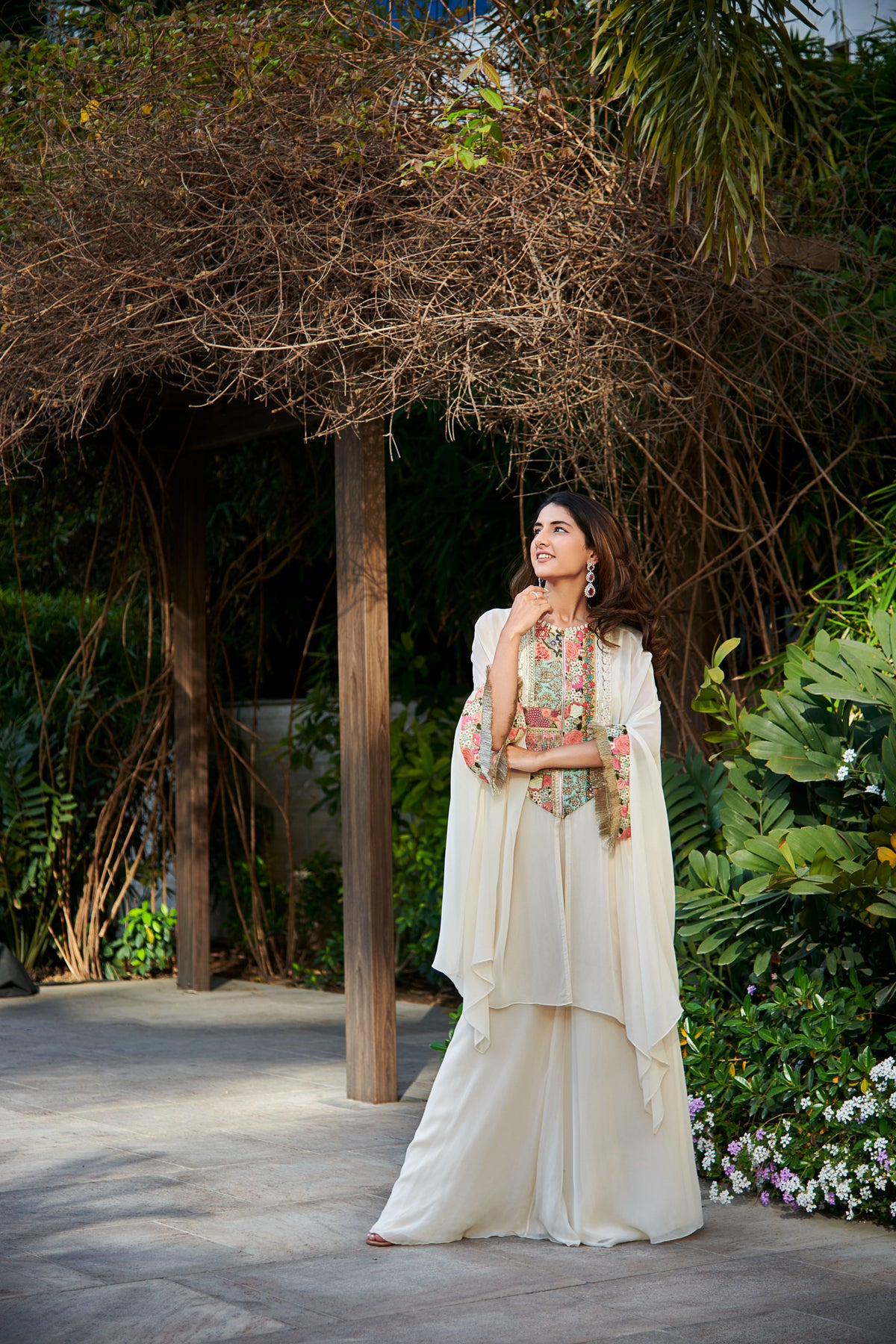 Multi patch ivory zipper tunic and sharara set