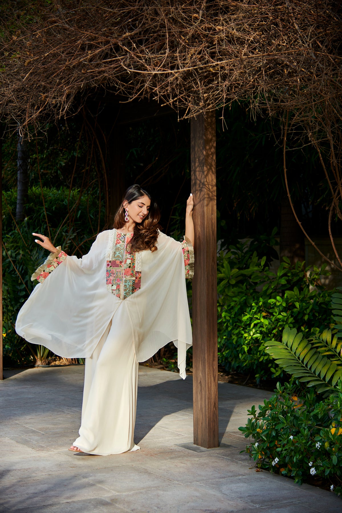 Multi patch ivory zipper tunic and sharara set