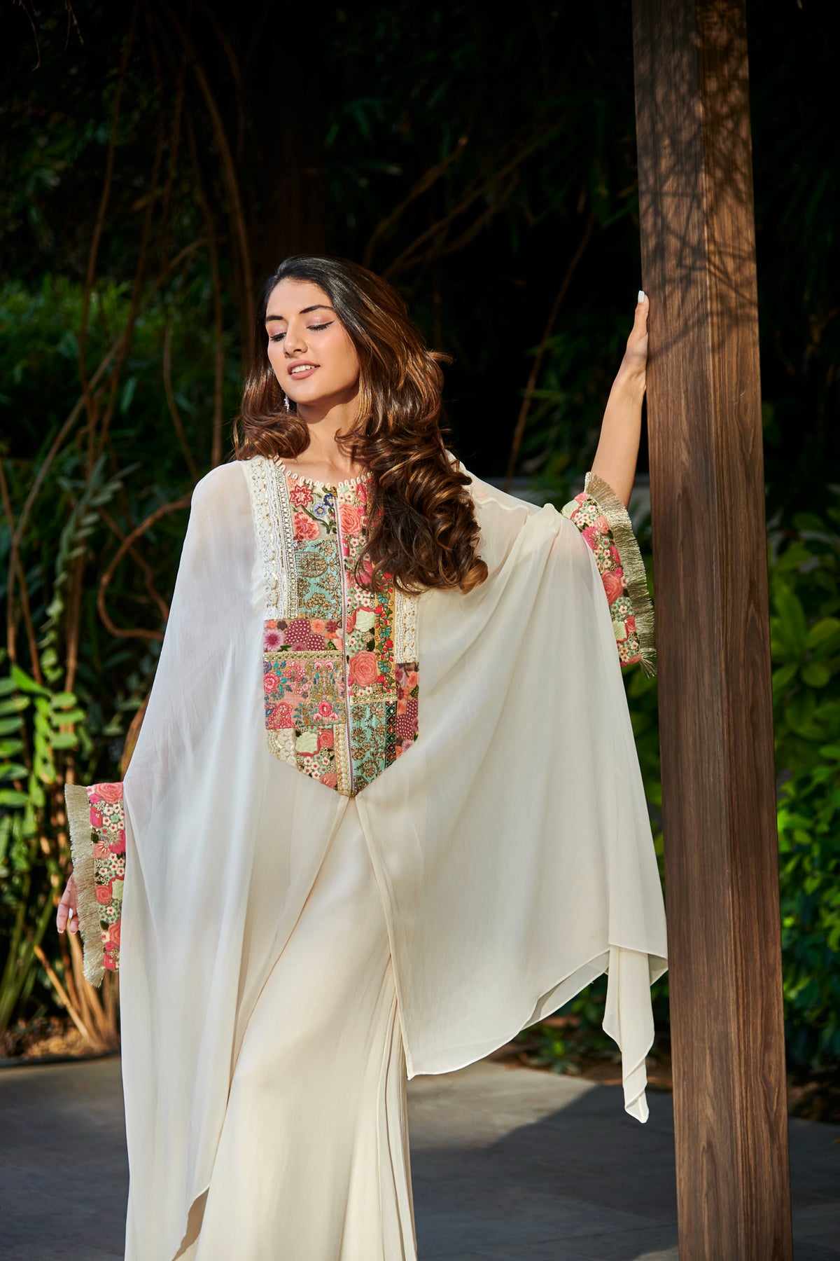 Multi patch ivory zipper tunic and sharara set