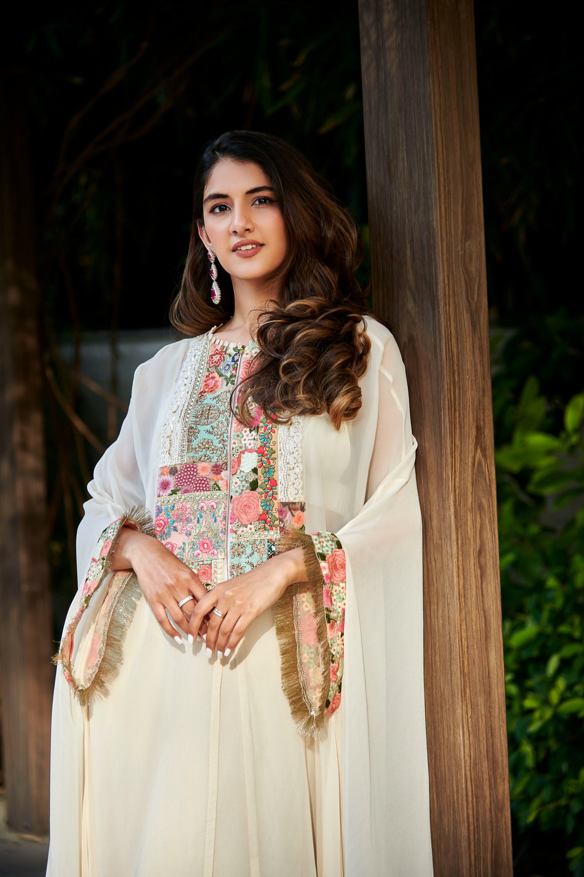 Multi patch ivory zipper tunic and sharara set