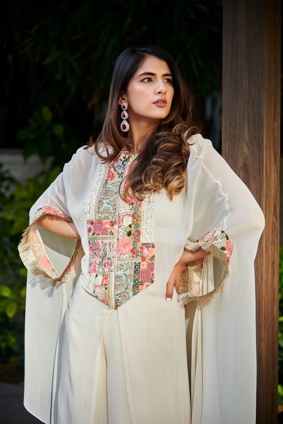 Multi patch ivory zipper tunic and sharara set