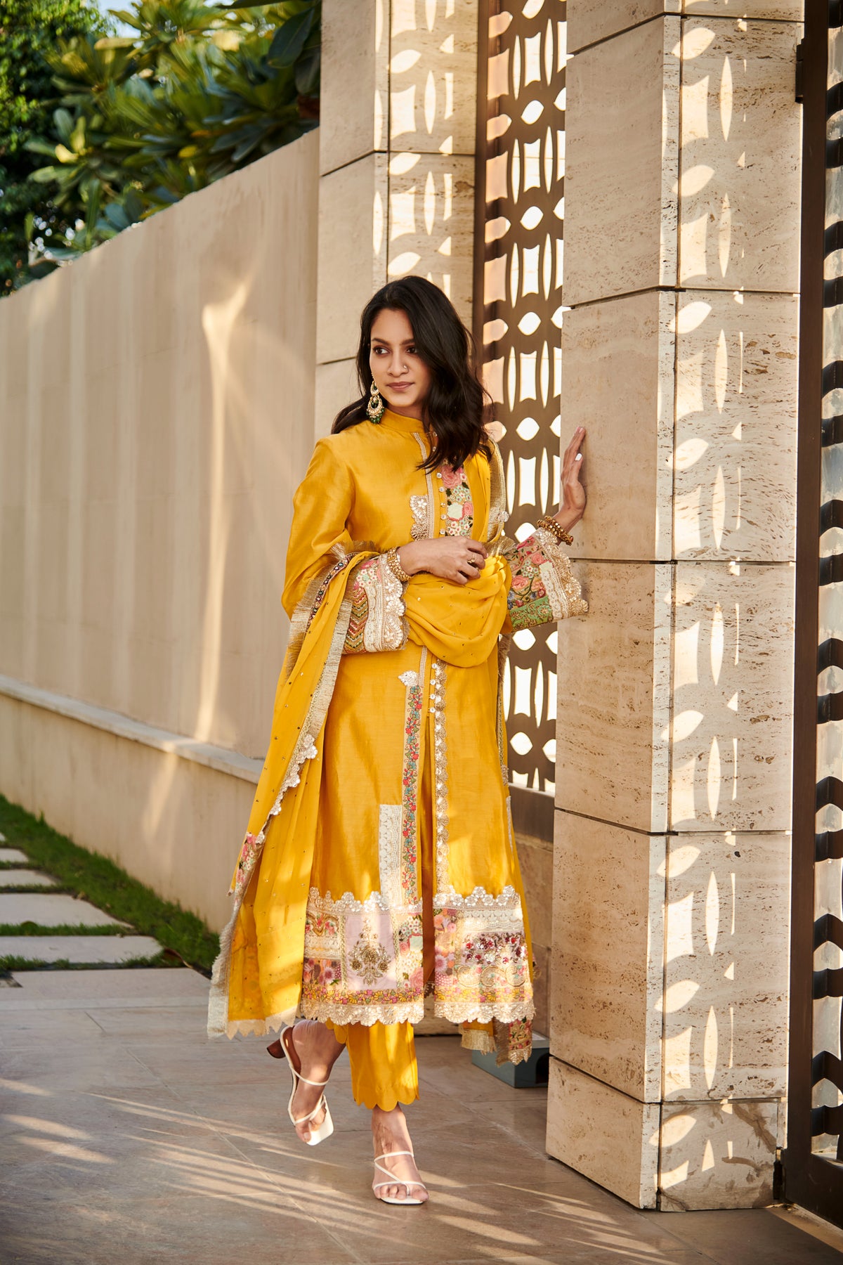 Multi patch mustard front open suit set