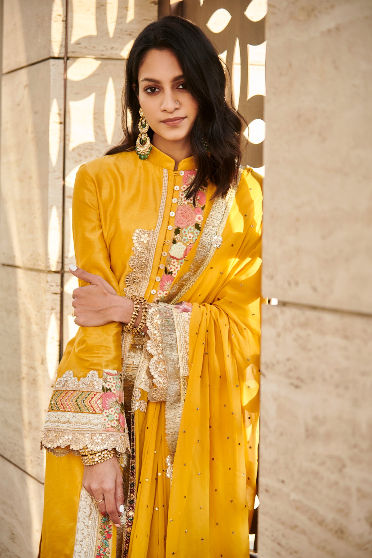 Multi patch mustard front open suit set