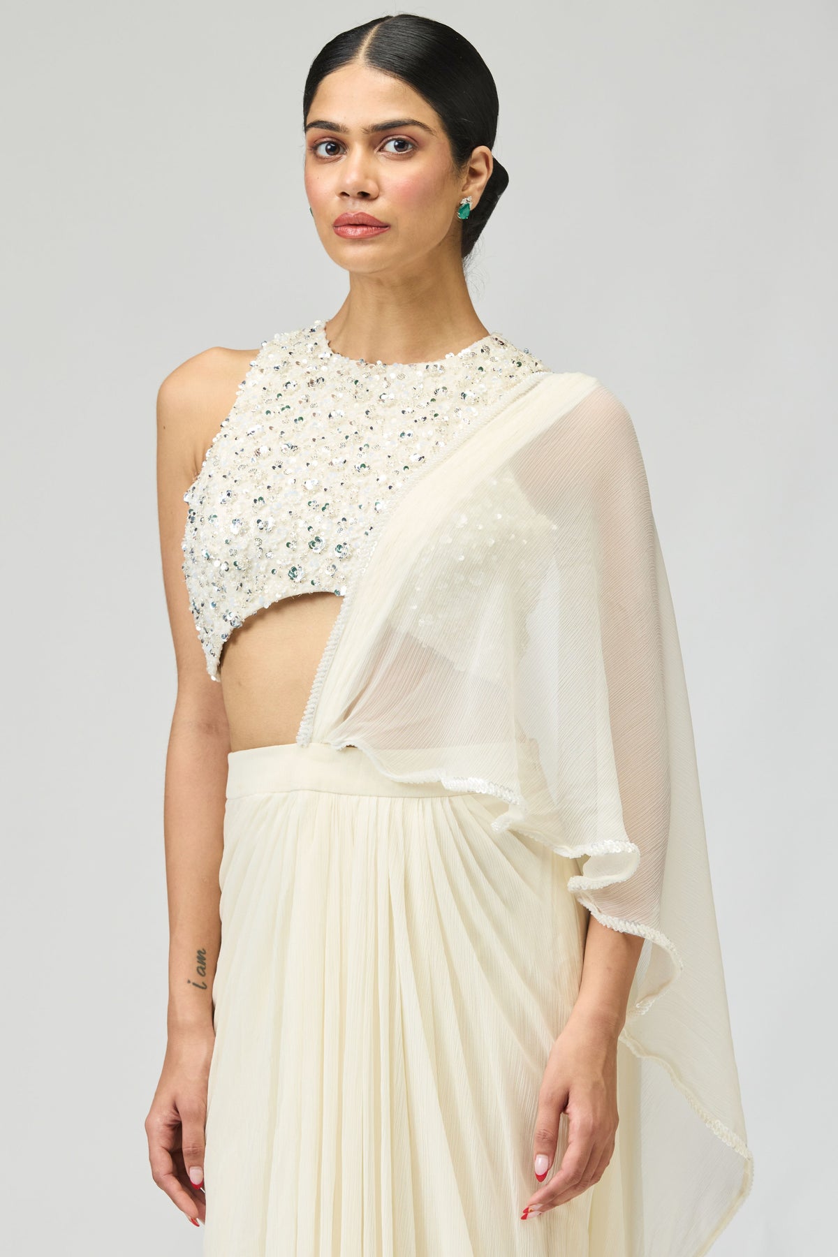 Ivory Silk Chiffon Saree Set
