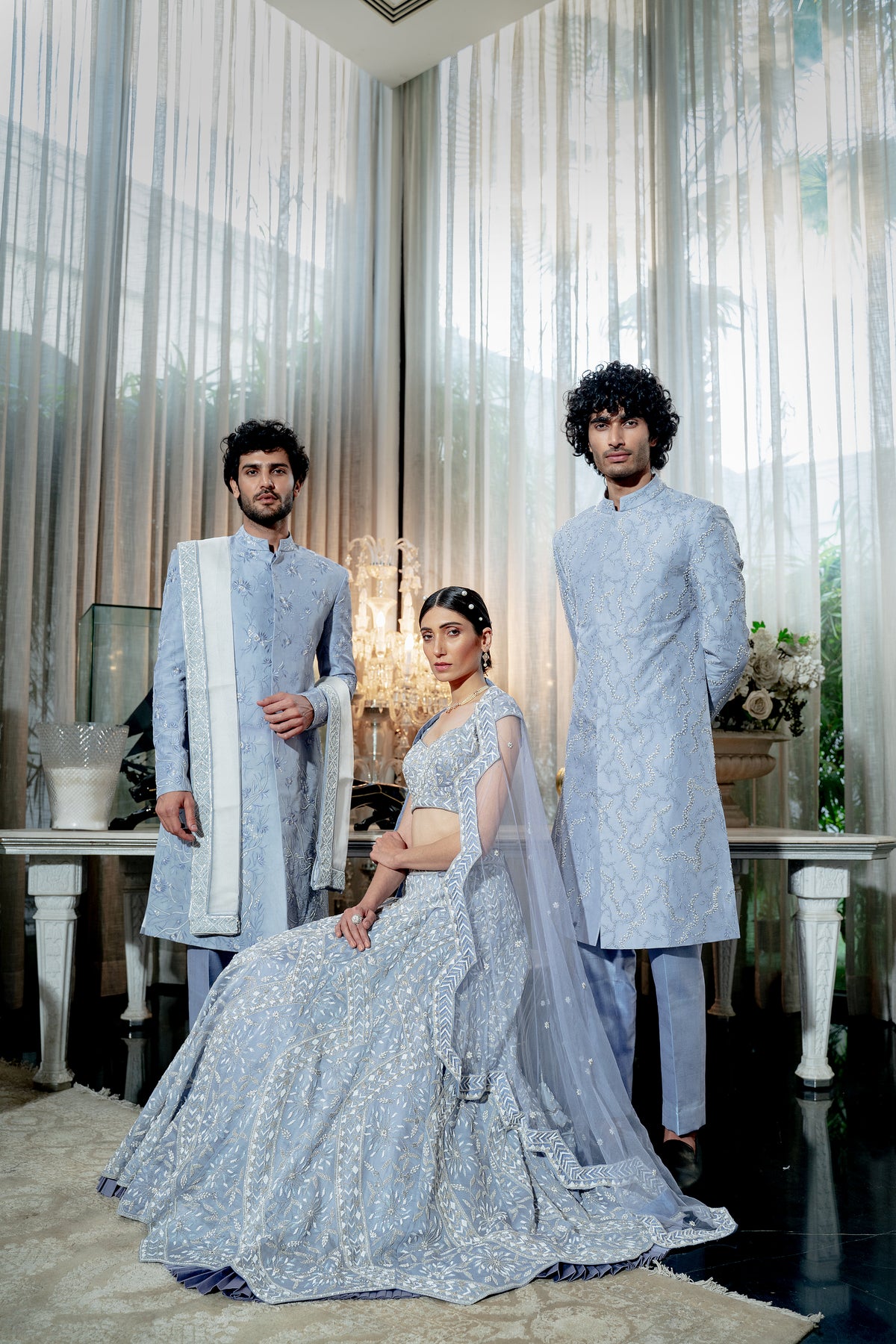 Lilac blue floral sherwani