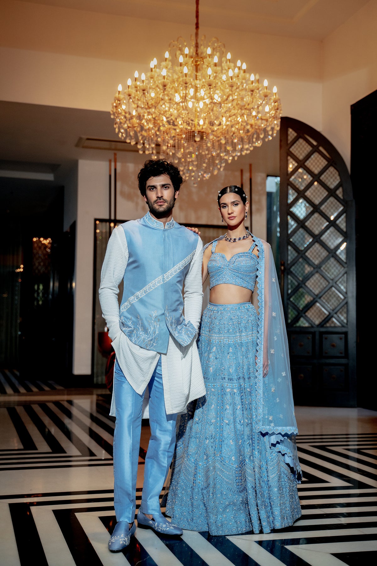 Powder blue neo-floral lehengas