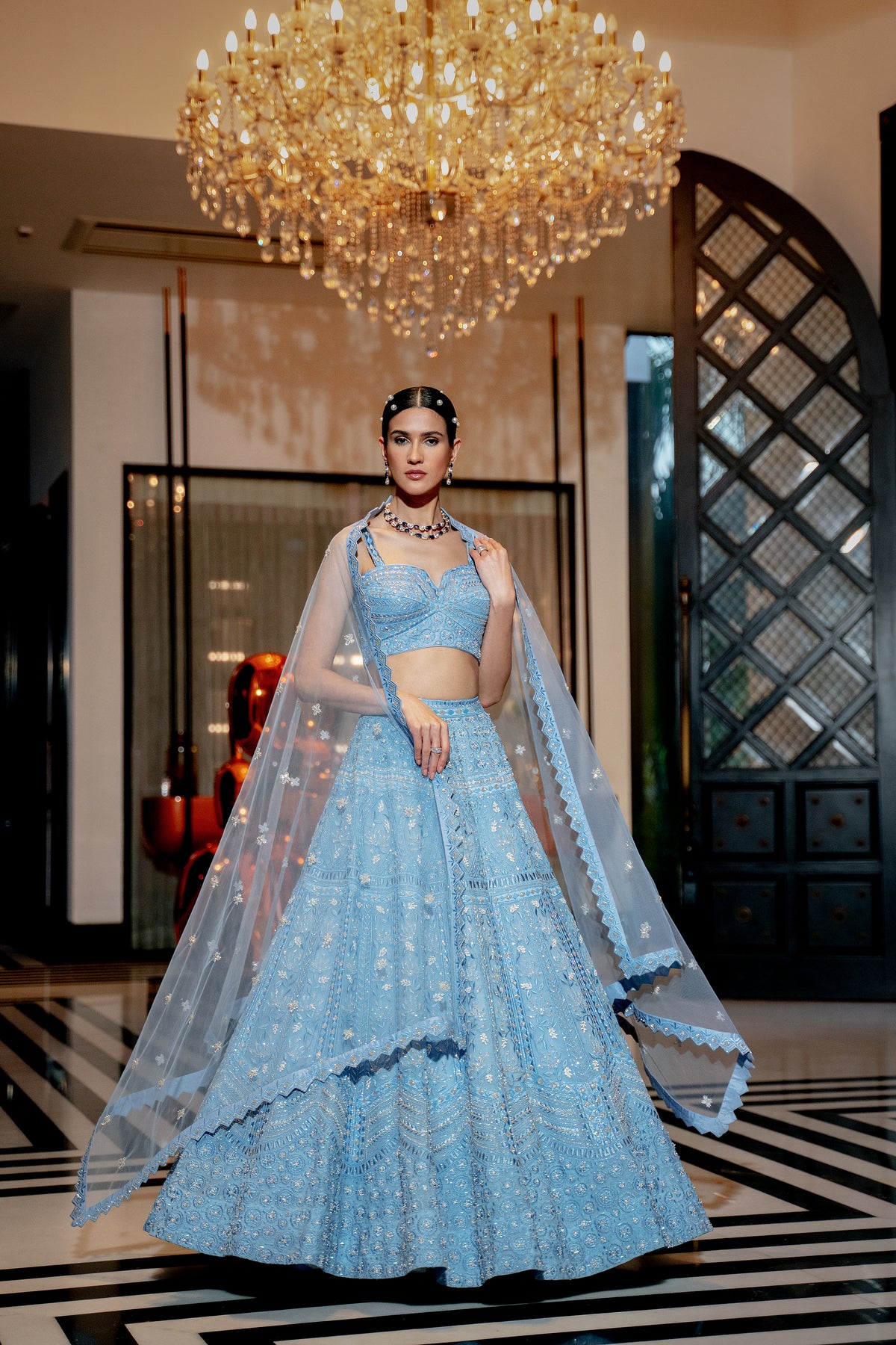 Powder blue neo-floral lehengas