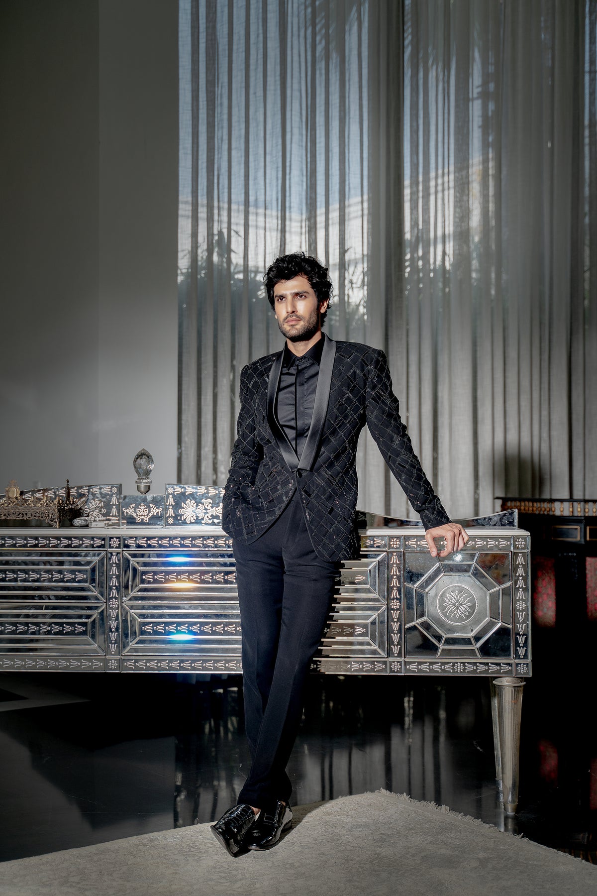 Black metallic checkered blazer set