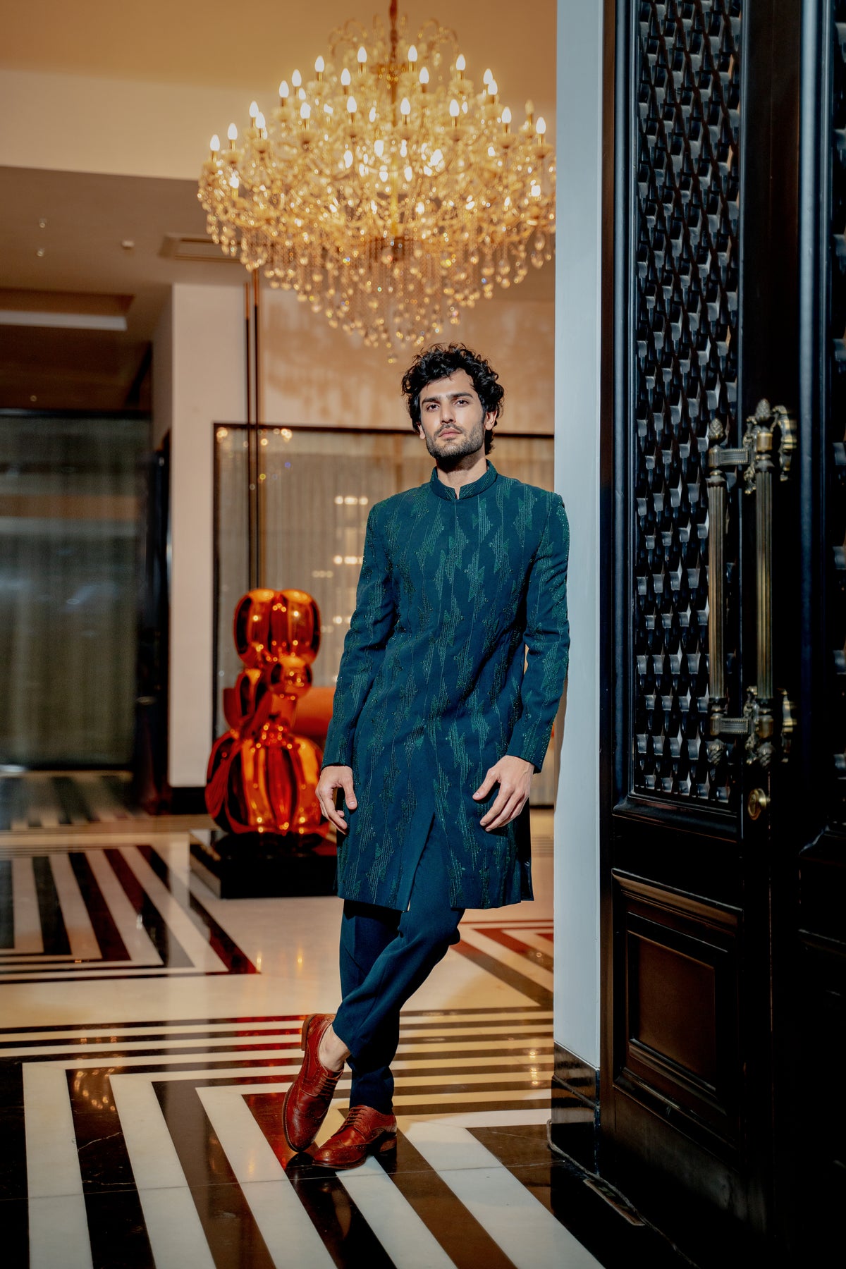 Emerald green geometric sherwani