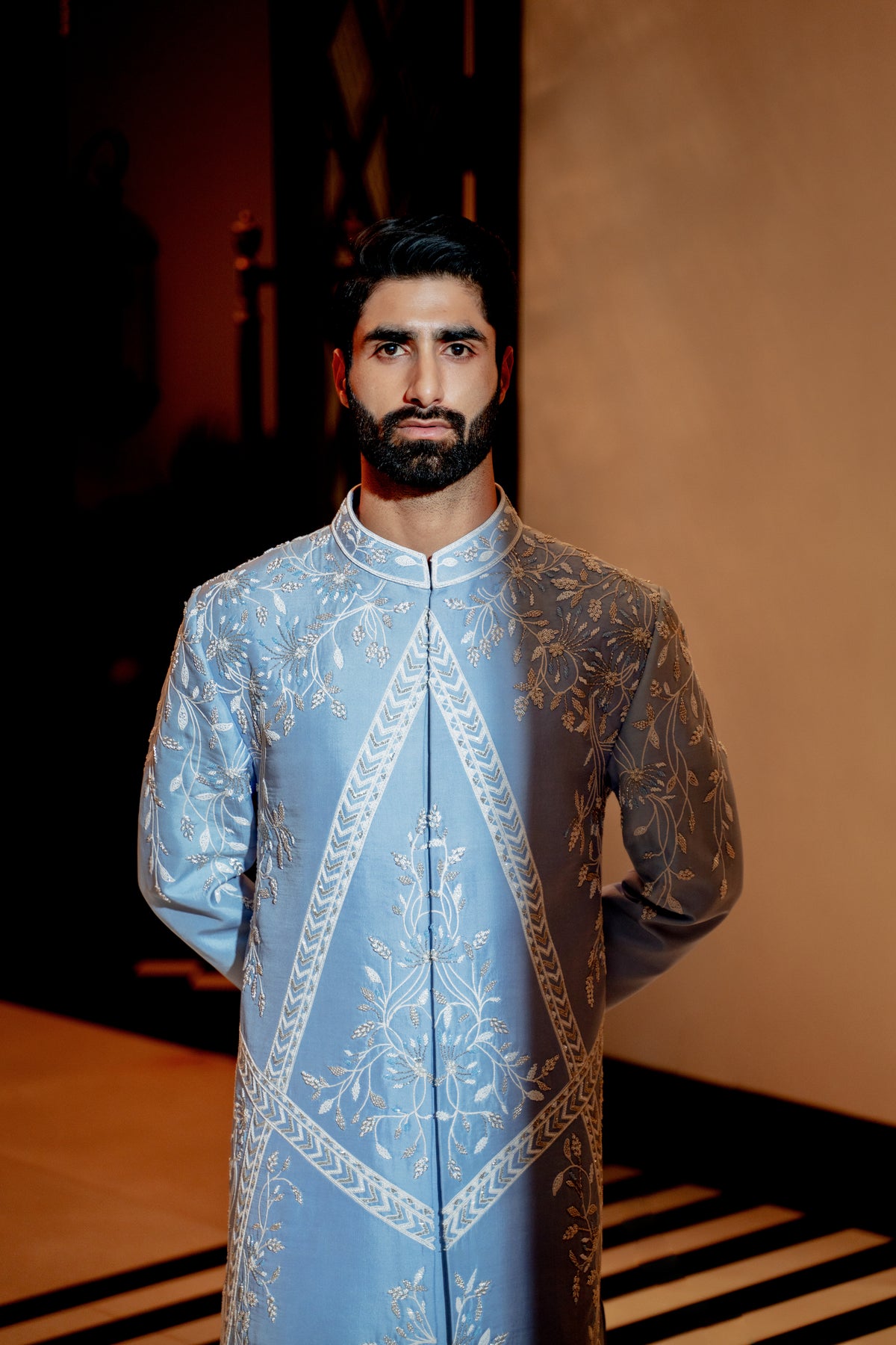 Powder blue neo floral sherwani