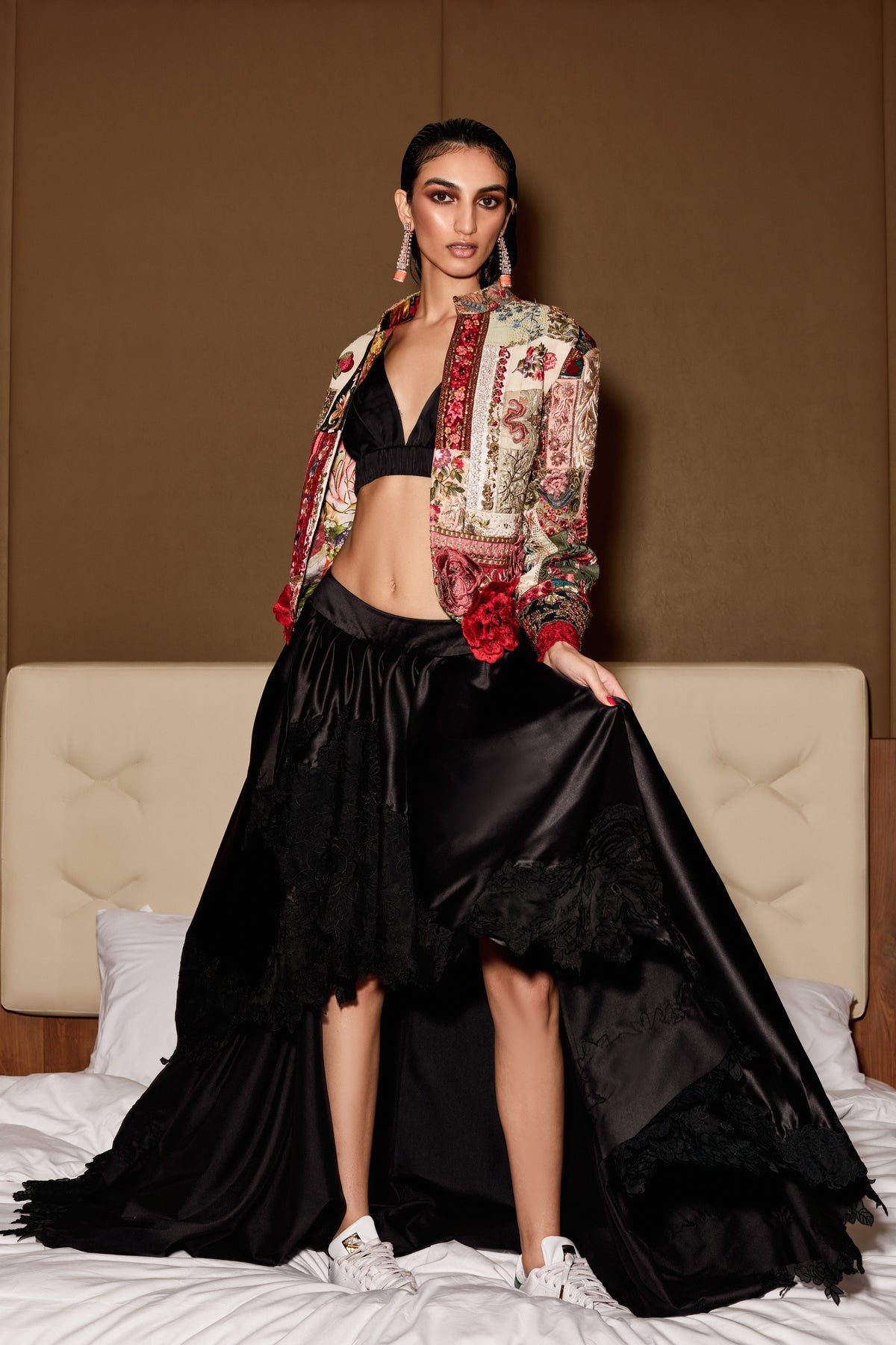 Vintage upcycled multi patch jacket skirt set