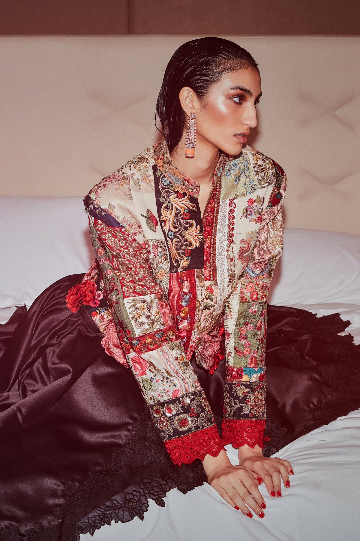 Vintage upcycled multi patch jacket skirt set