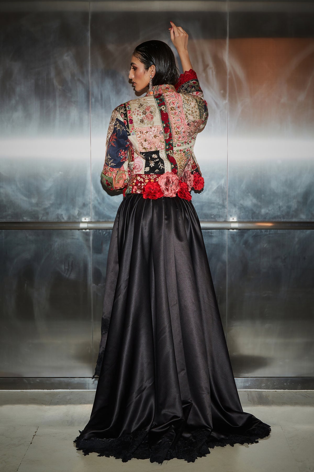Vintage upcycled multi patch jacket skirt set