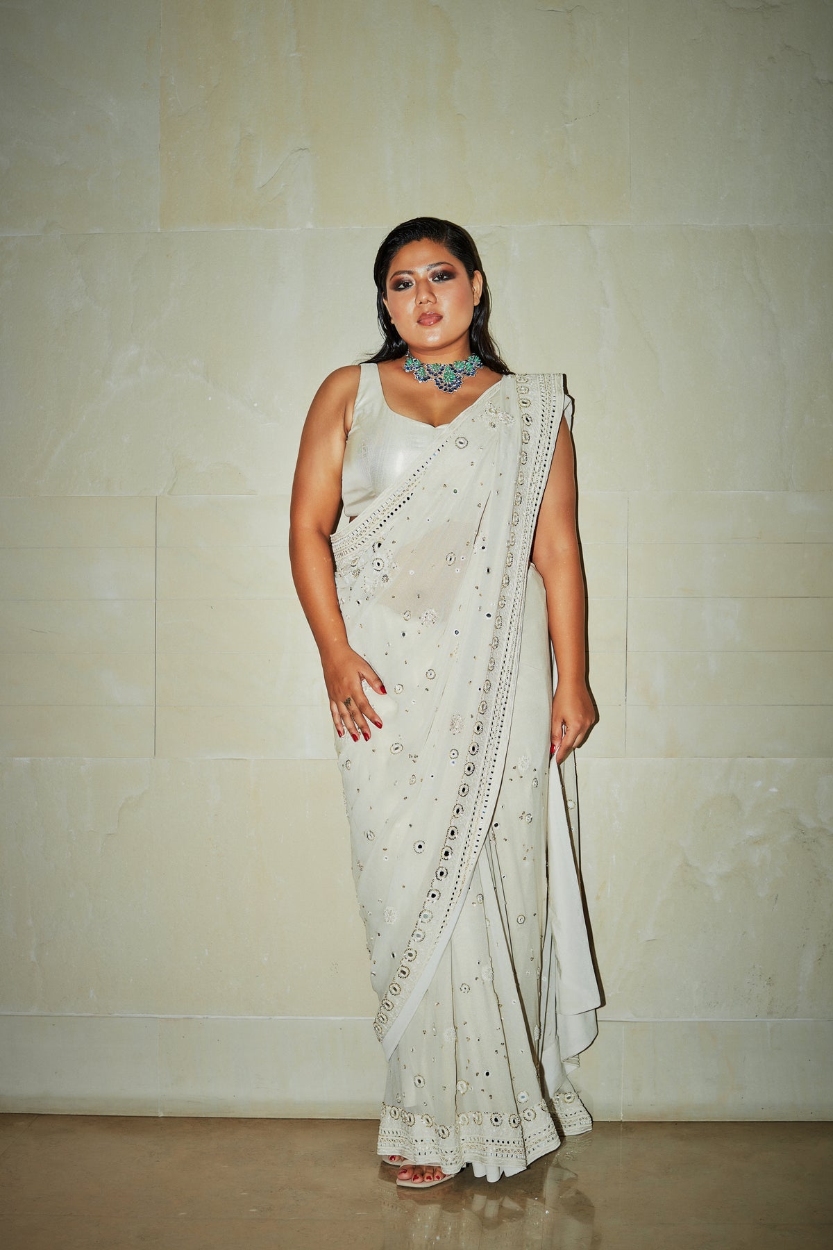 Ivory hand embroidered saree set