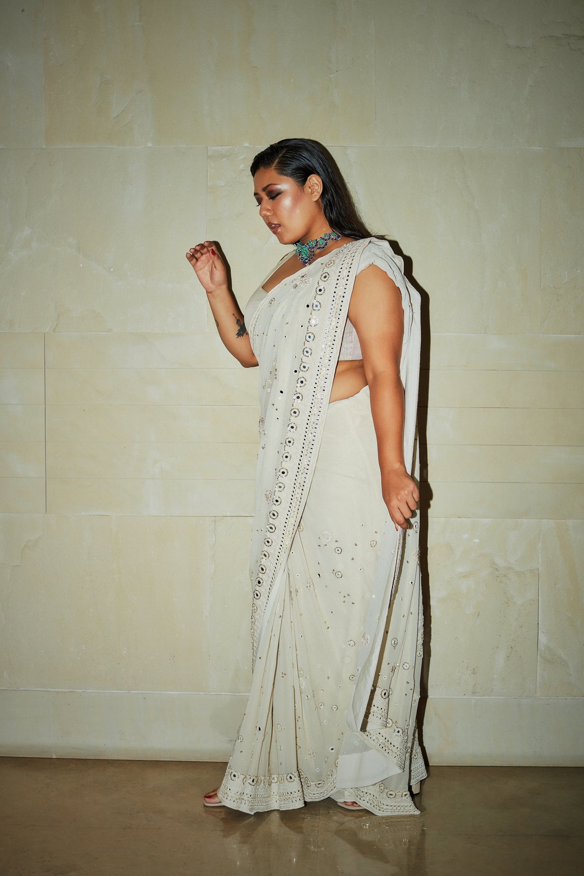 Ivory hand embroidered saree set
