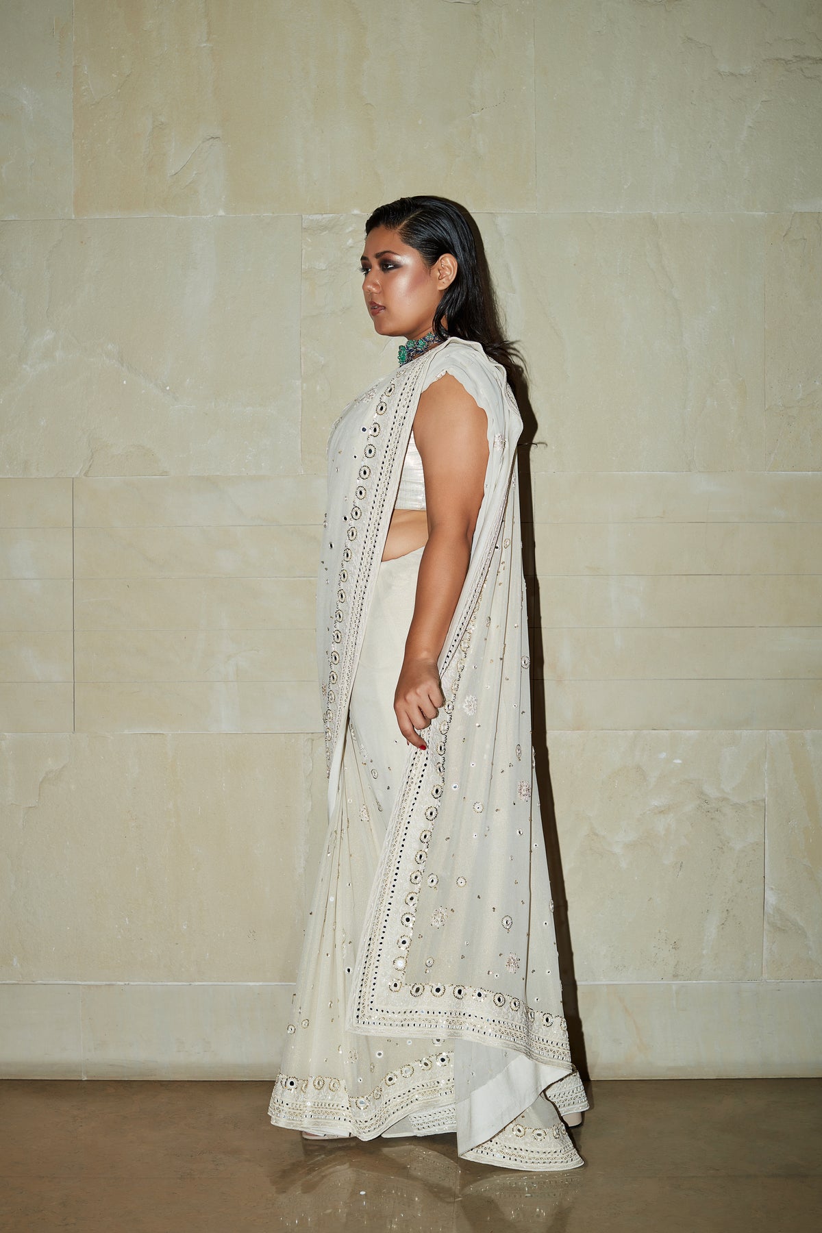 Ivory hand embroidered saree set