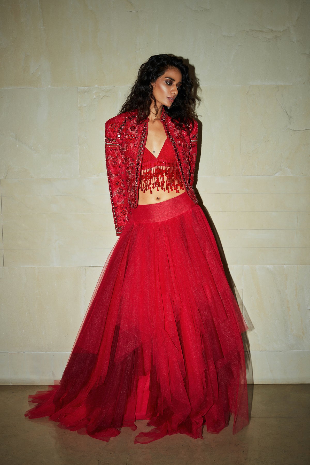 Ruby red embroidered jacket and skirt
