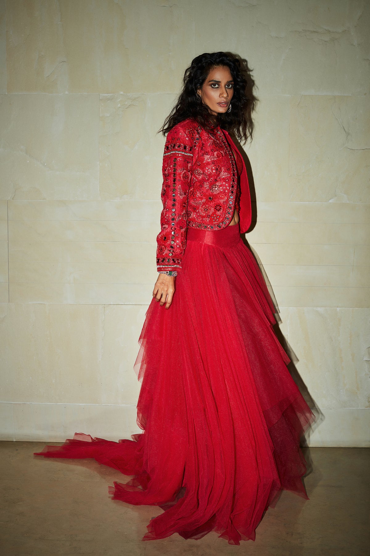 Ruby red embroidered jacket and skirt