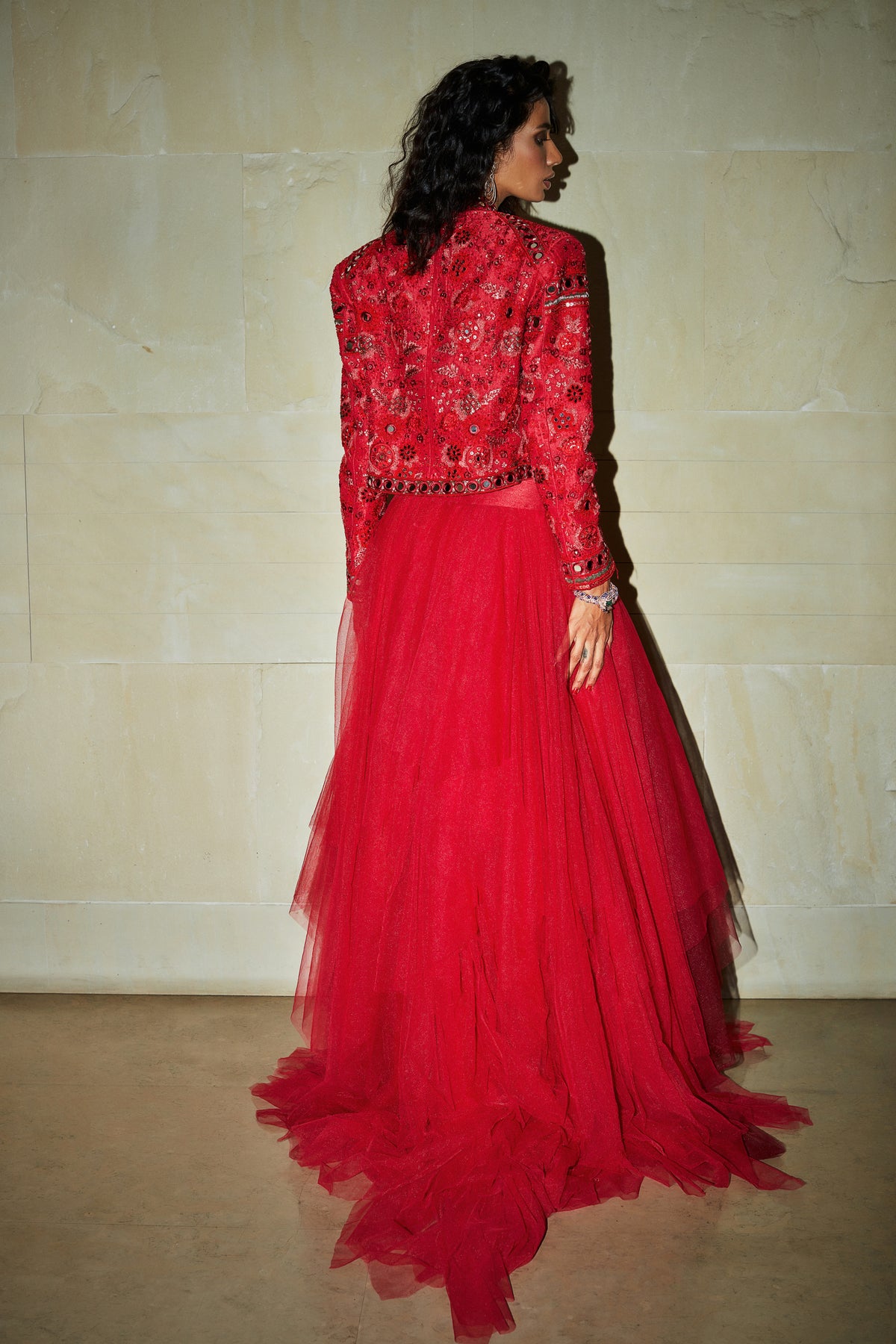Ruby red embroidered jacket and skirt