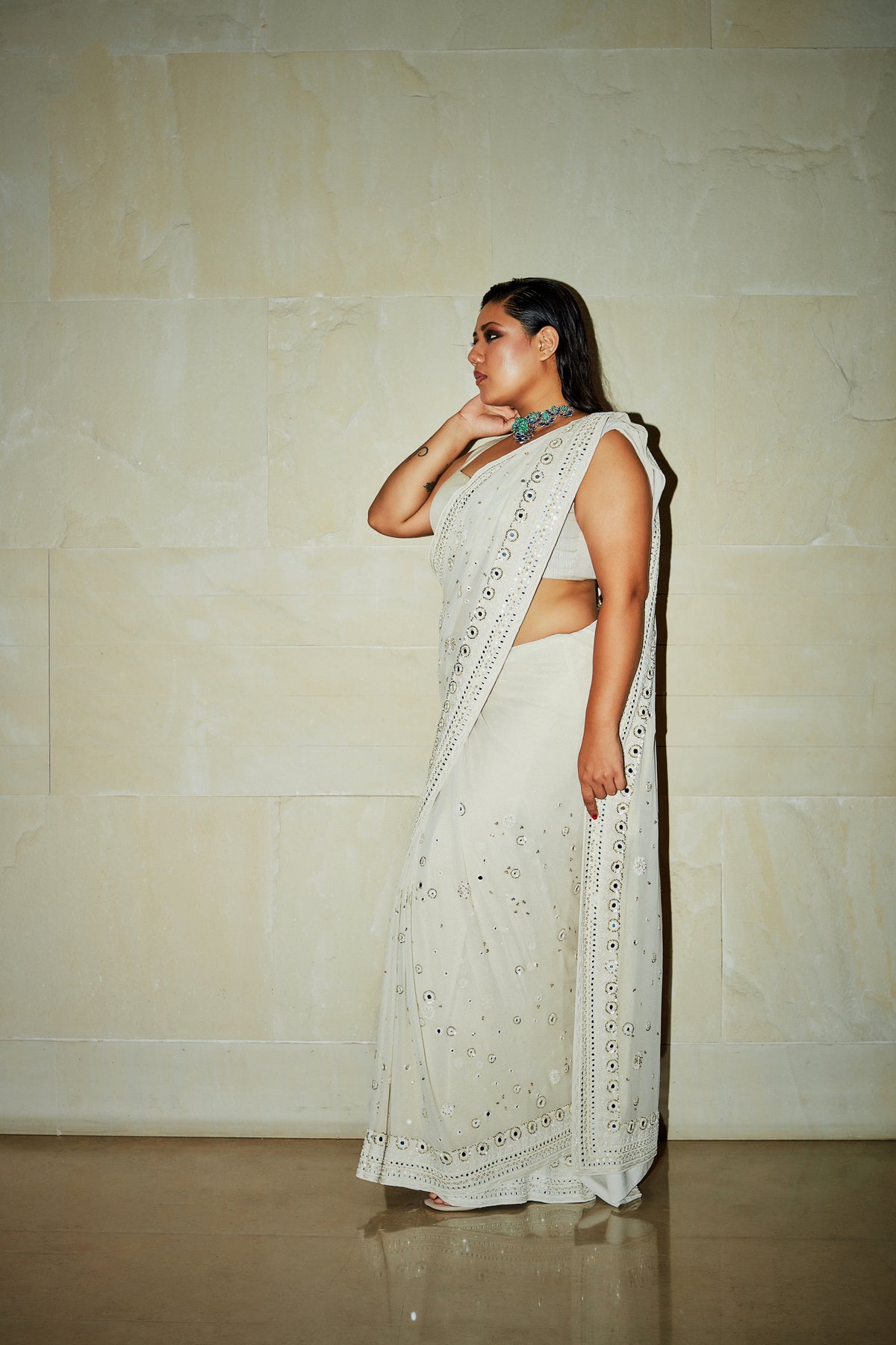 Ivory hand embroidered saree set