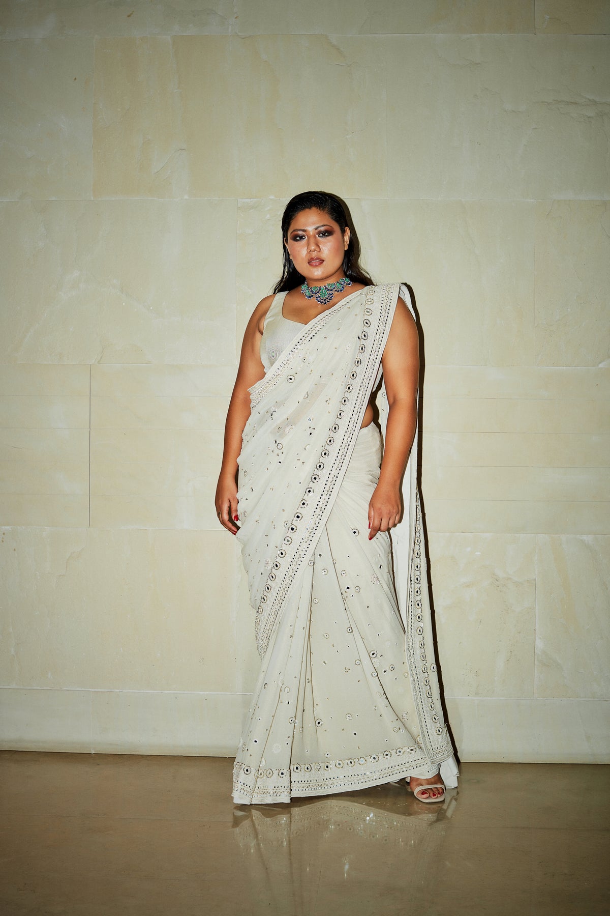 Ivory hand embroidered saree set
