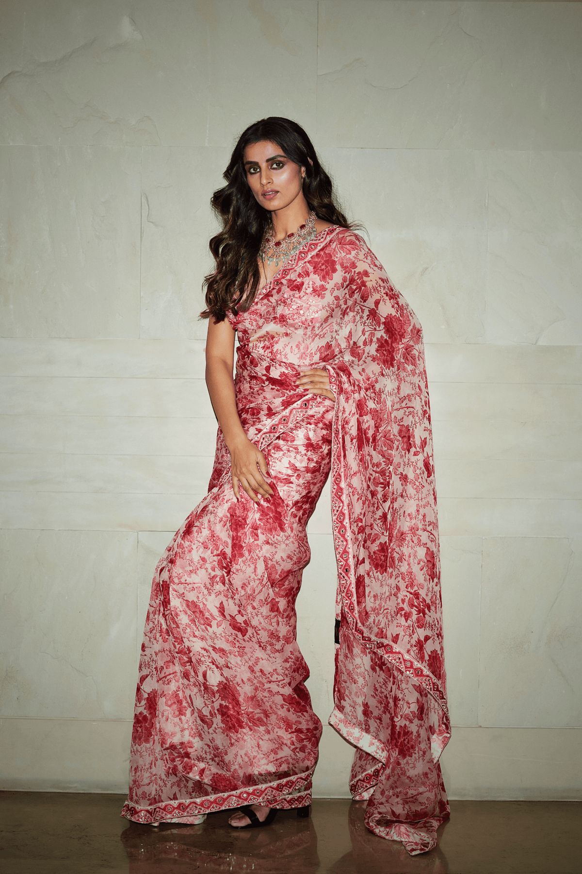 Blush pink floral saree set