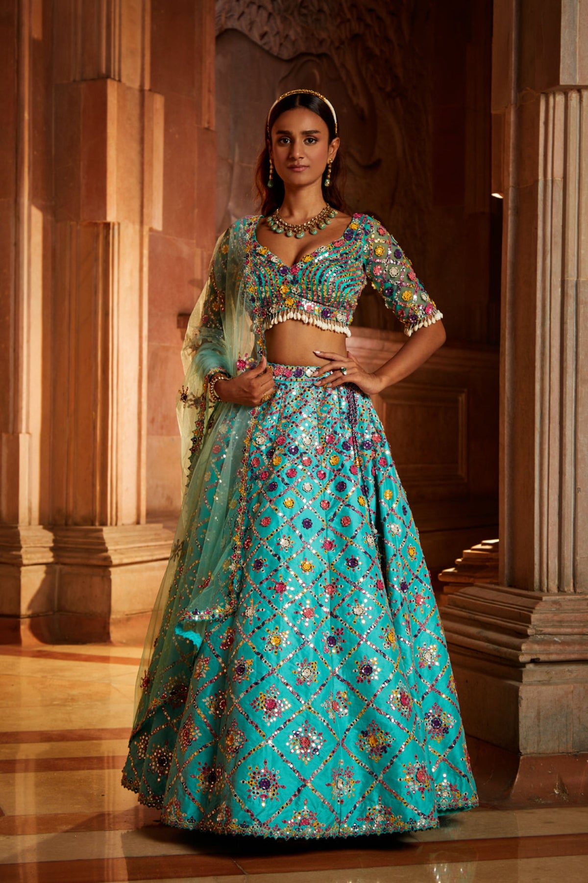 Vibrant Aqua Tafetta Lehenga Set