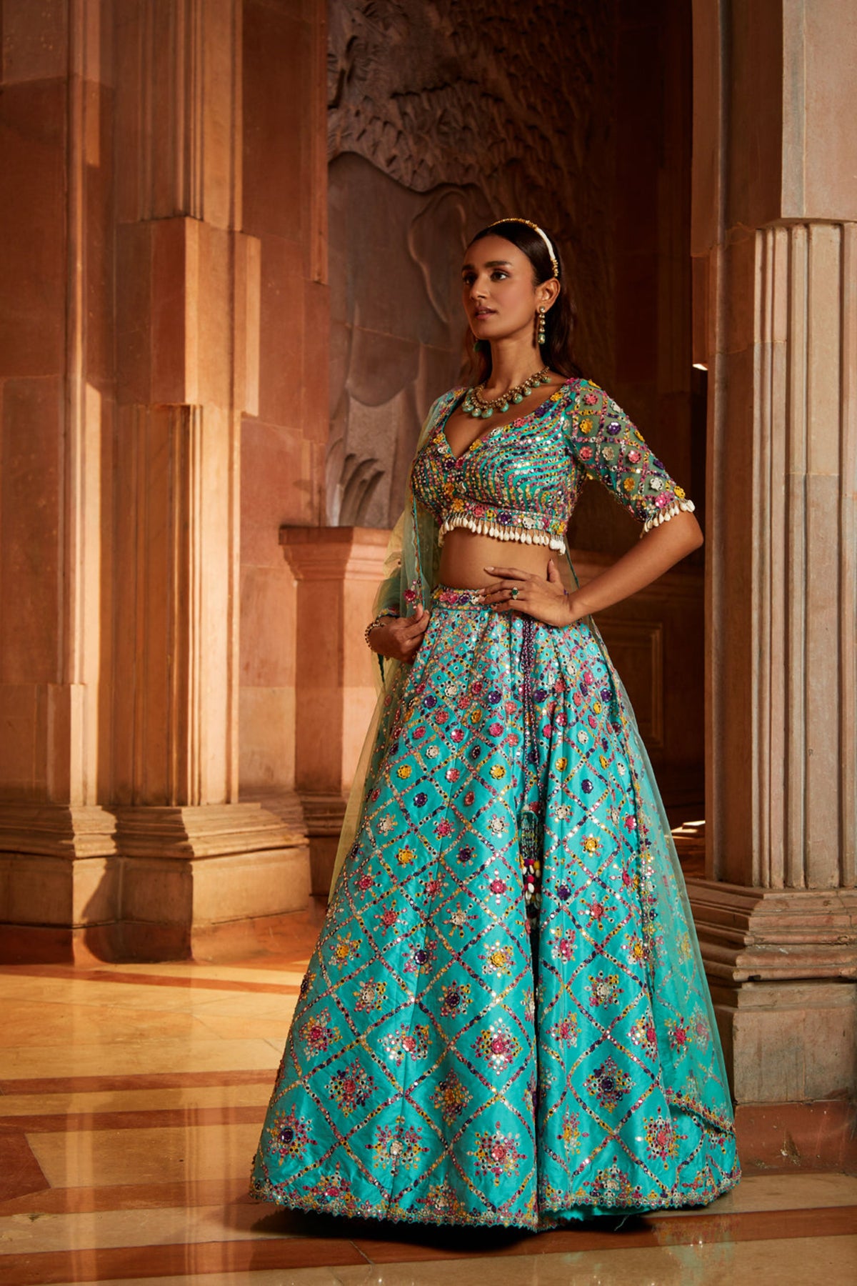 Vibrant Aqua Tafetta Lehenga Set