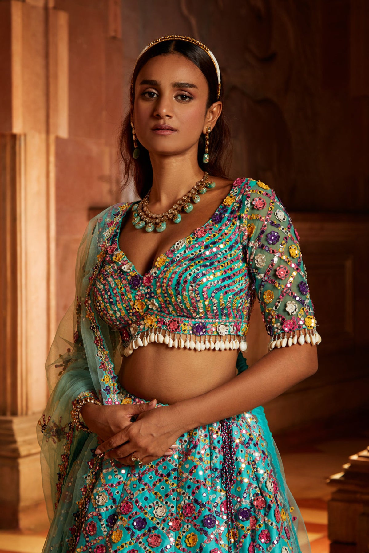 Vibrant Aqua Tafetta Lehenga Set