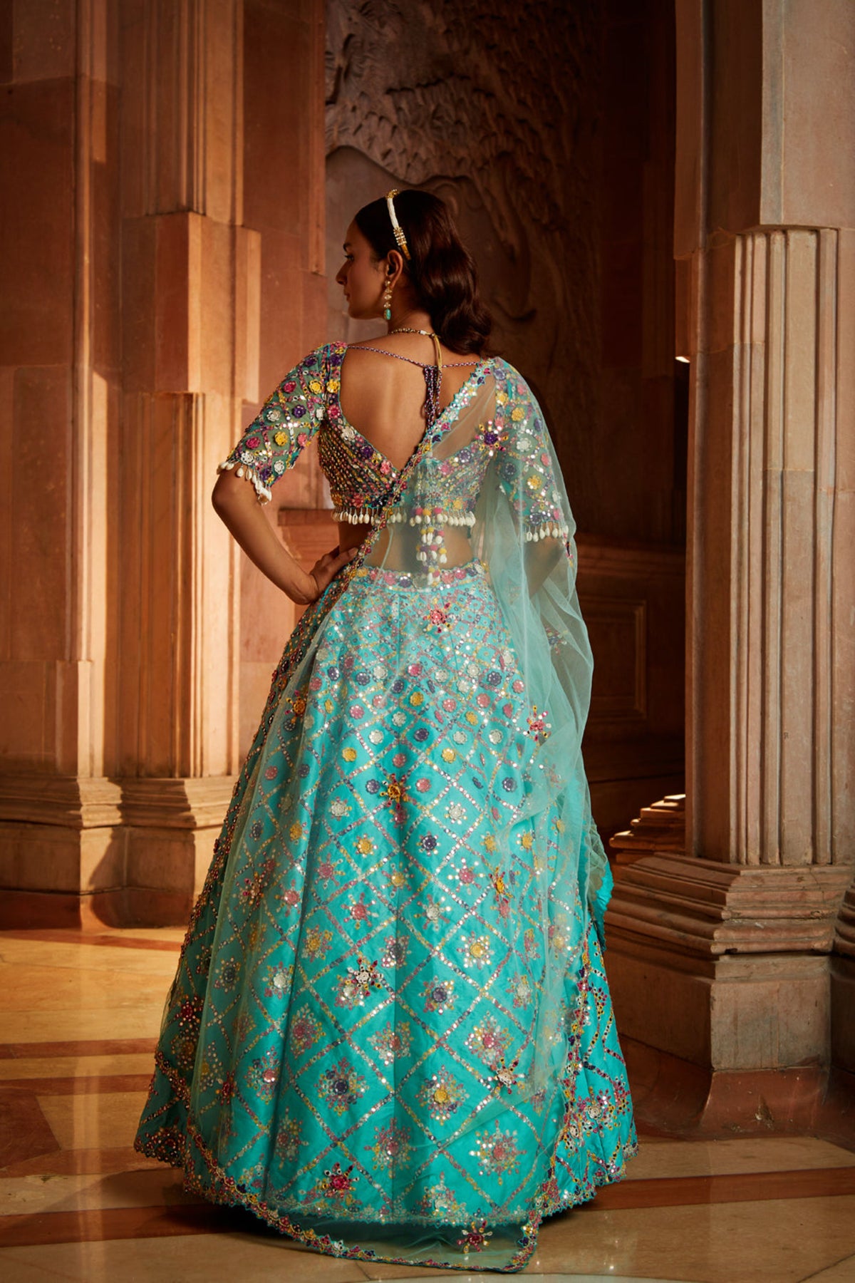 Vibrant Aqua Tafetta Lehenga Set