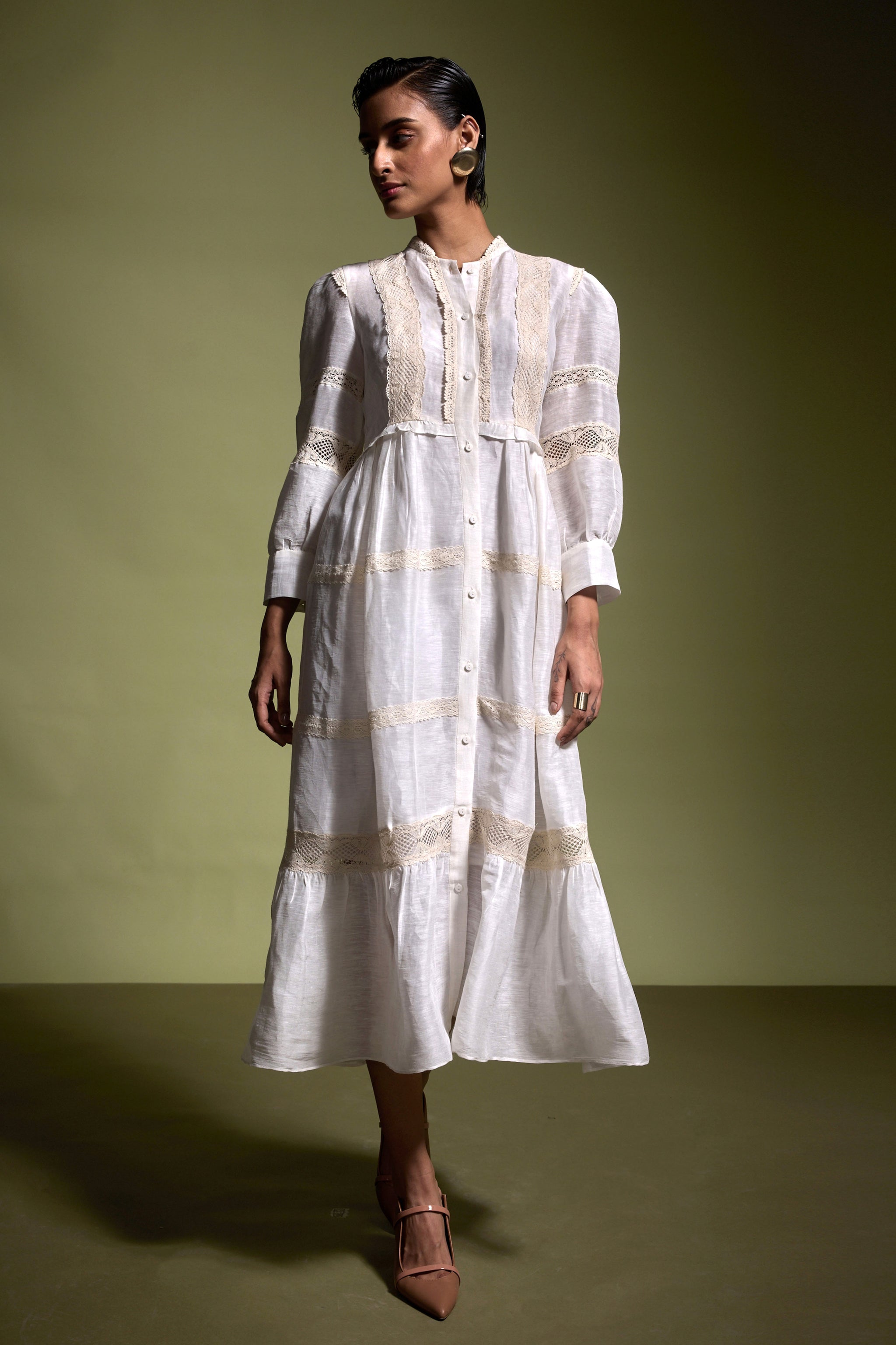 LINEN SILK LACE MIDI S / White LINEN SILK LACE MIDI S / White