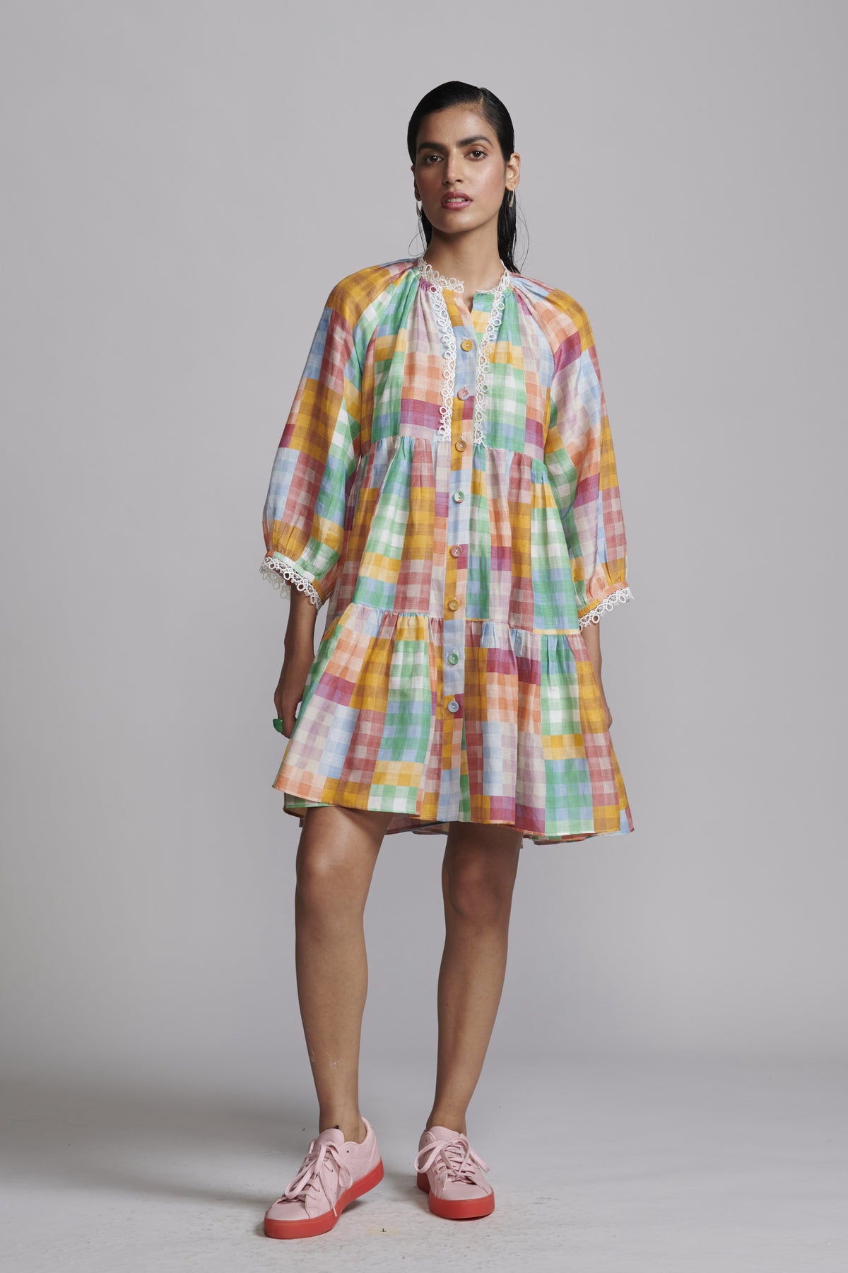Multicolour Check Tiered Midi Dress