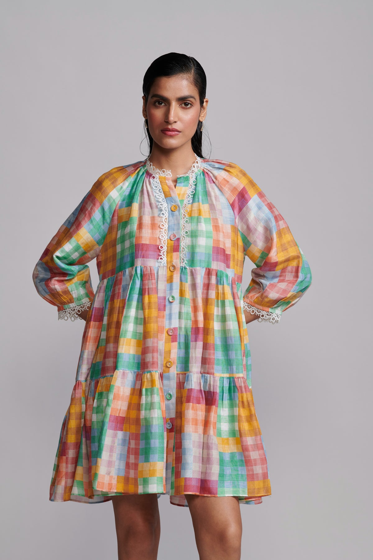Multicolour Check Tiered Midi Dress