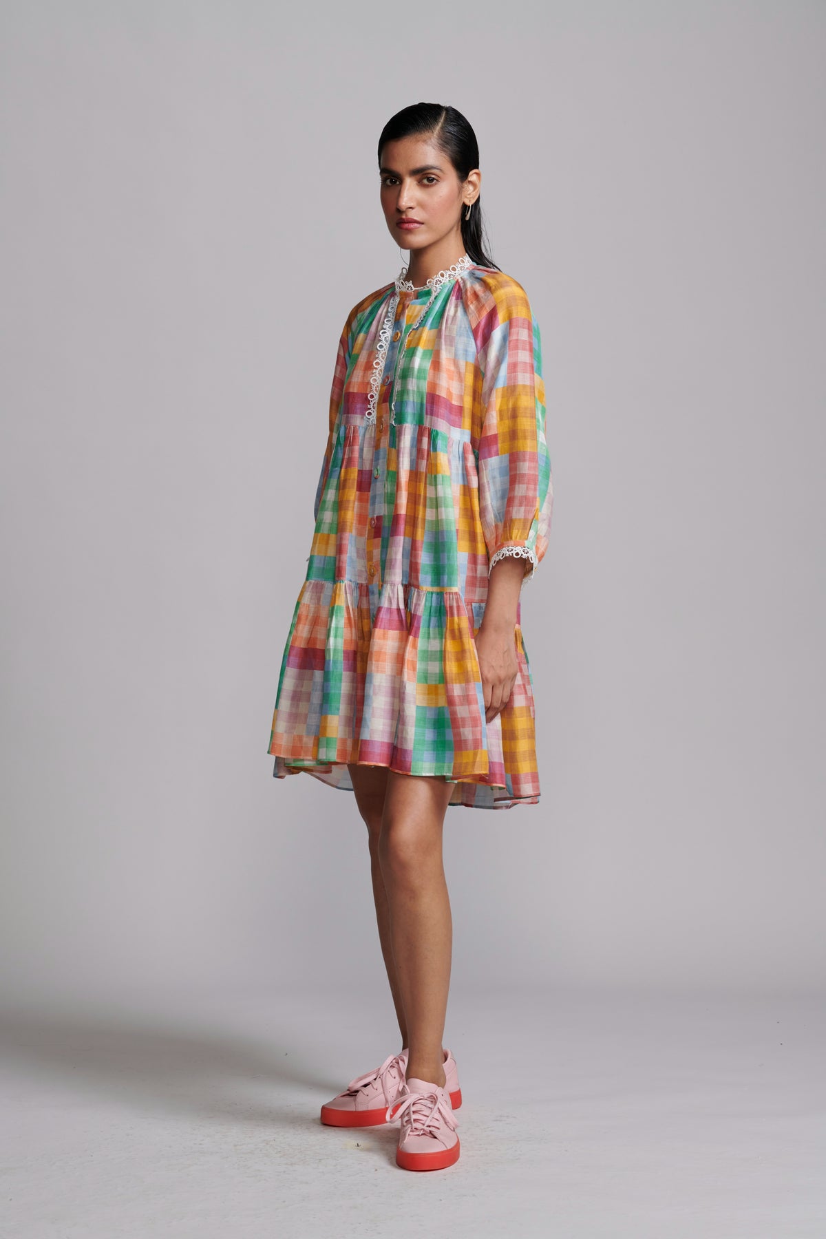Multicolour Check Tiered Midi Dress