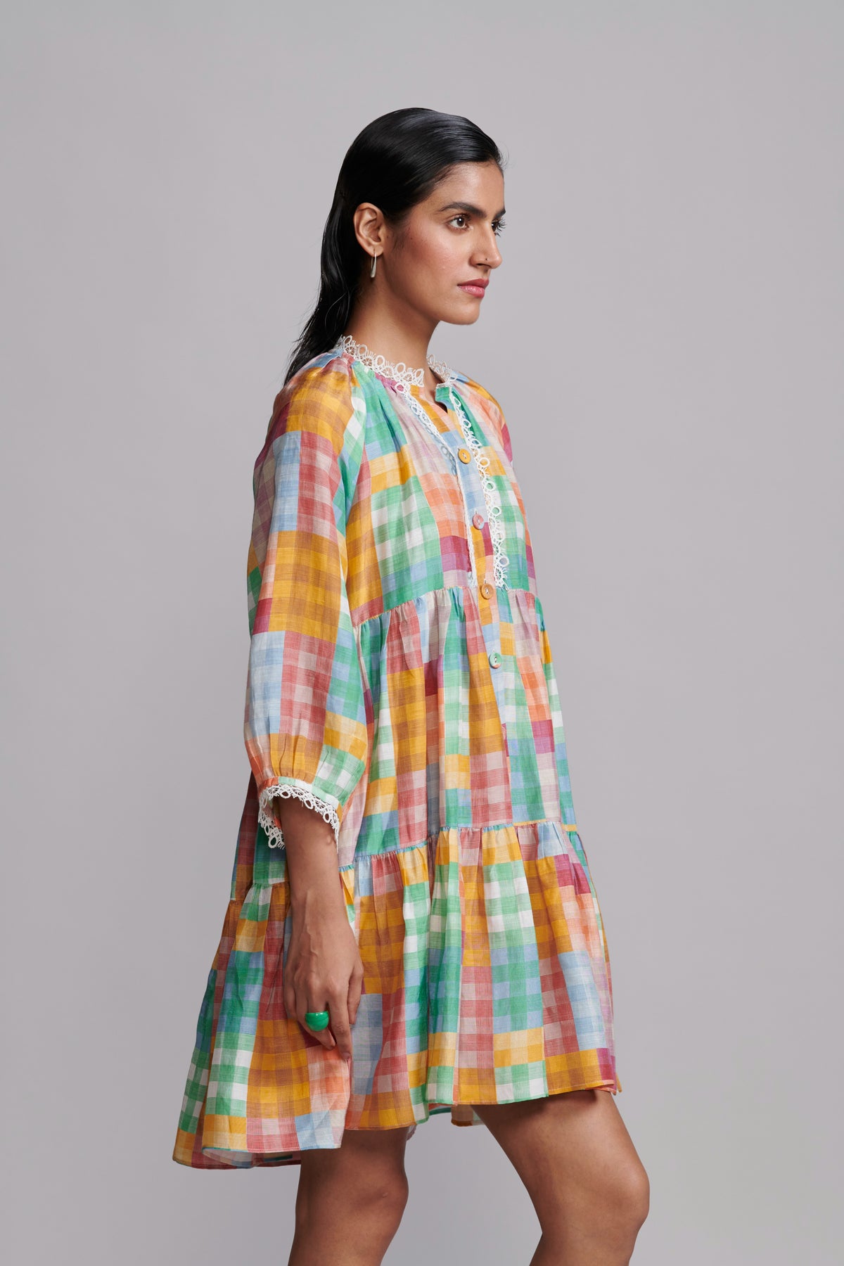 Multicolour Check Tiered Midi Dress