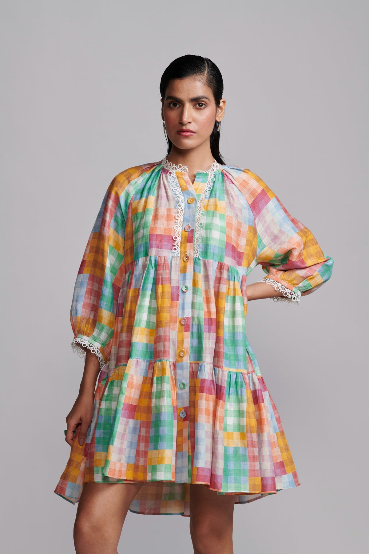 Multicolour Check Tiered Midi Dress