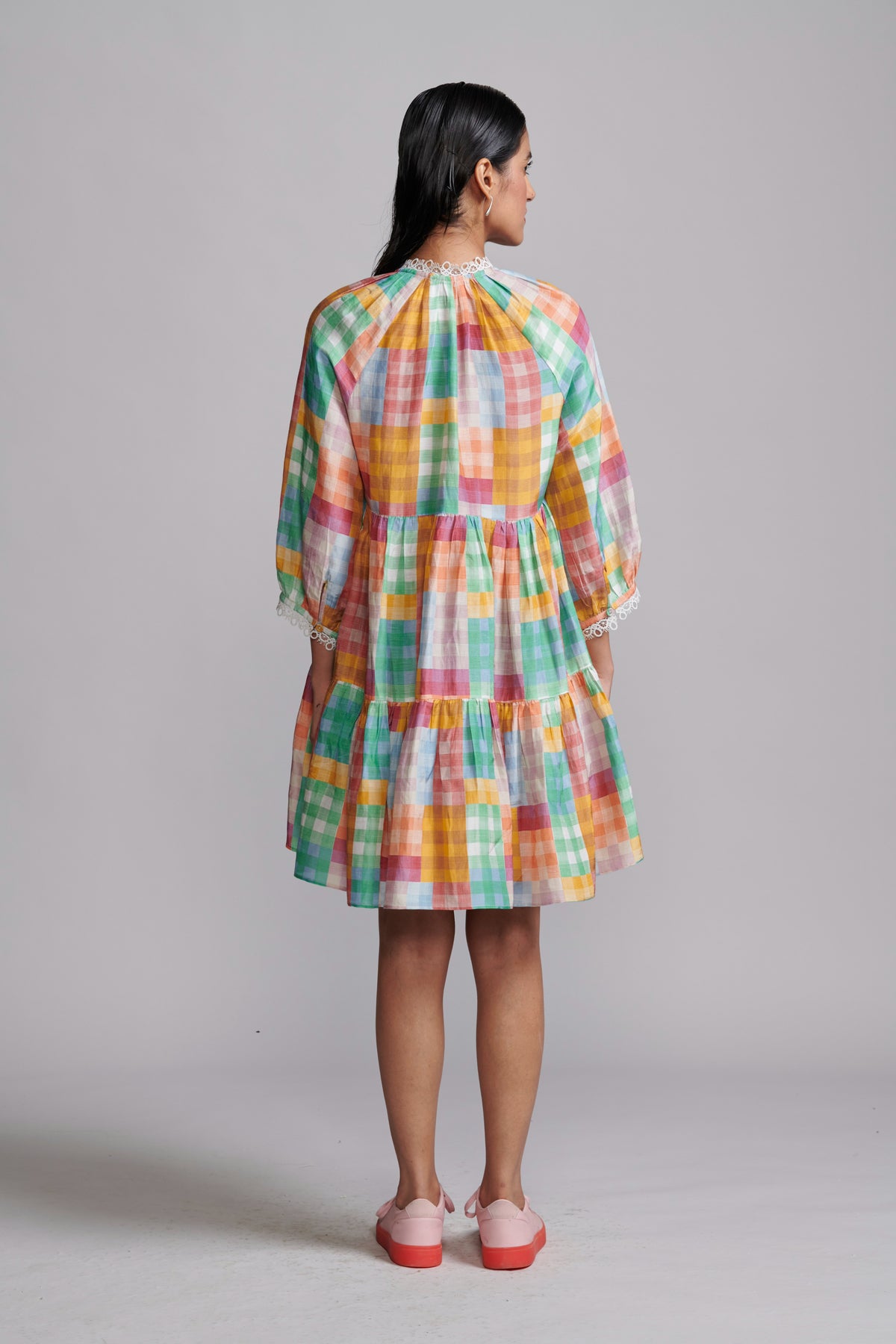 Multicolour Check Tiered Midi Dress