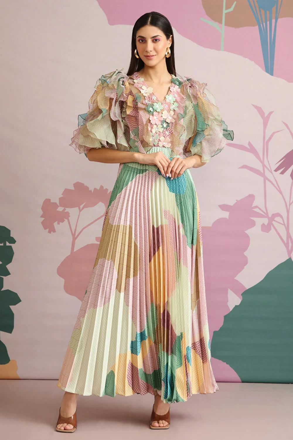 pankaj and nidhi pleated dress CYPRESS PLEATED MAXI DRESS