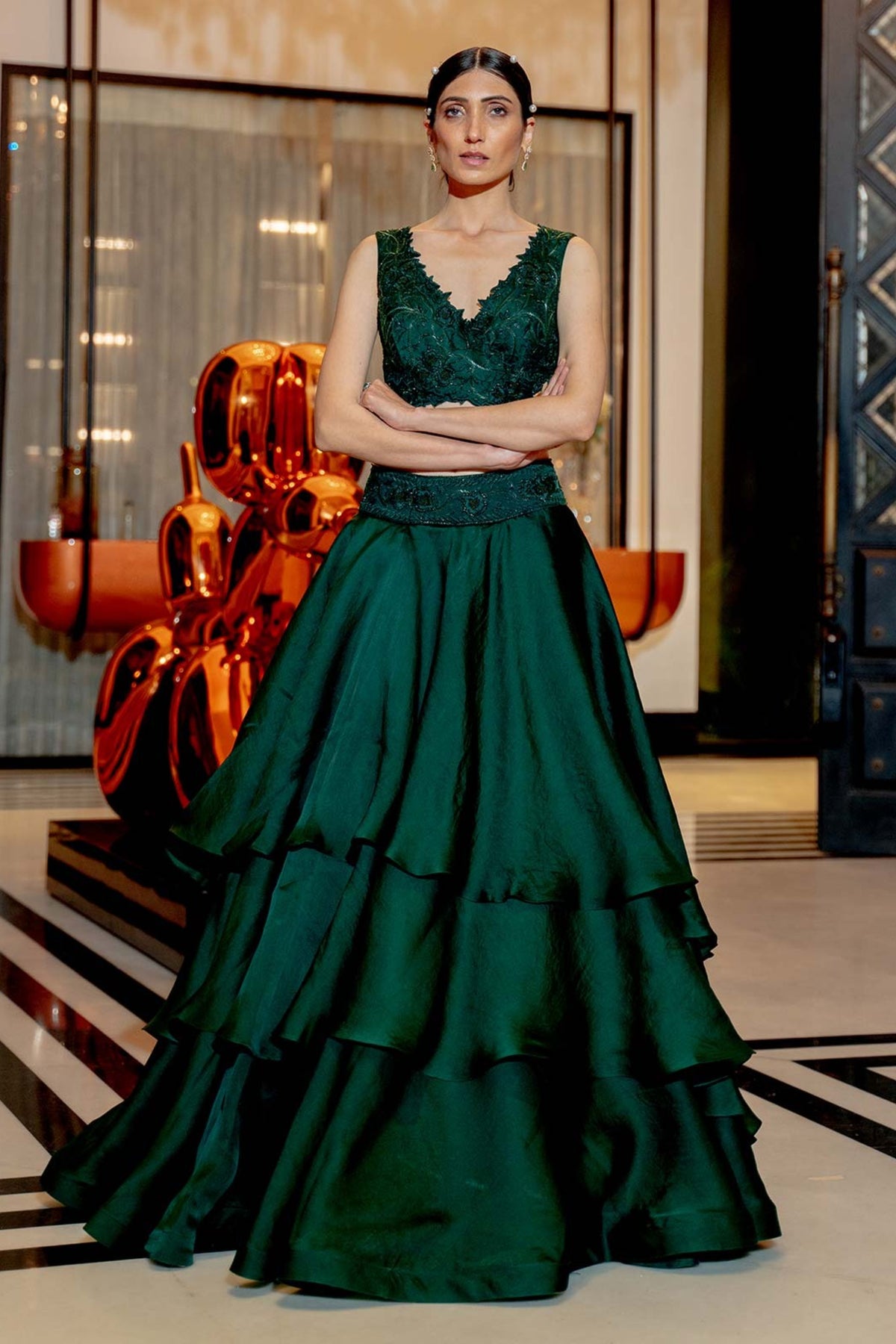 Emerald green layered lehenga