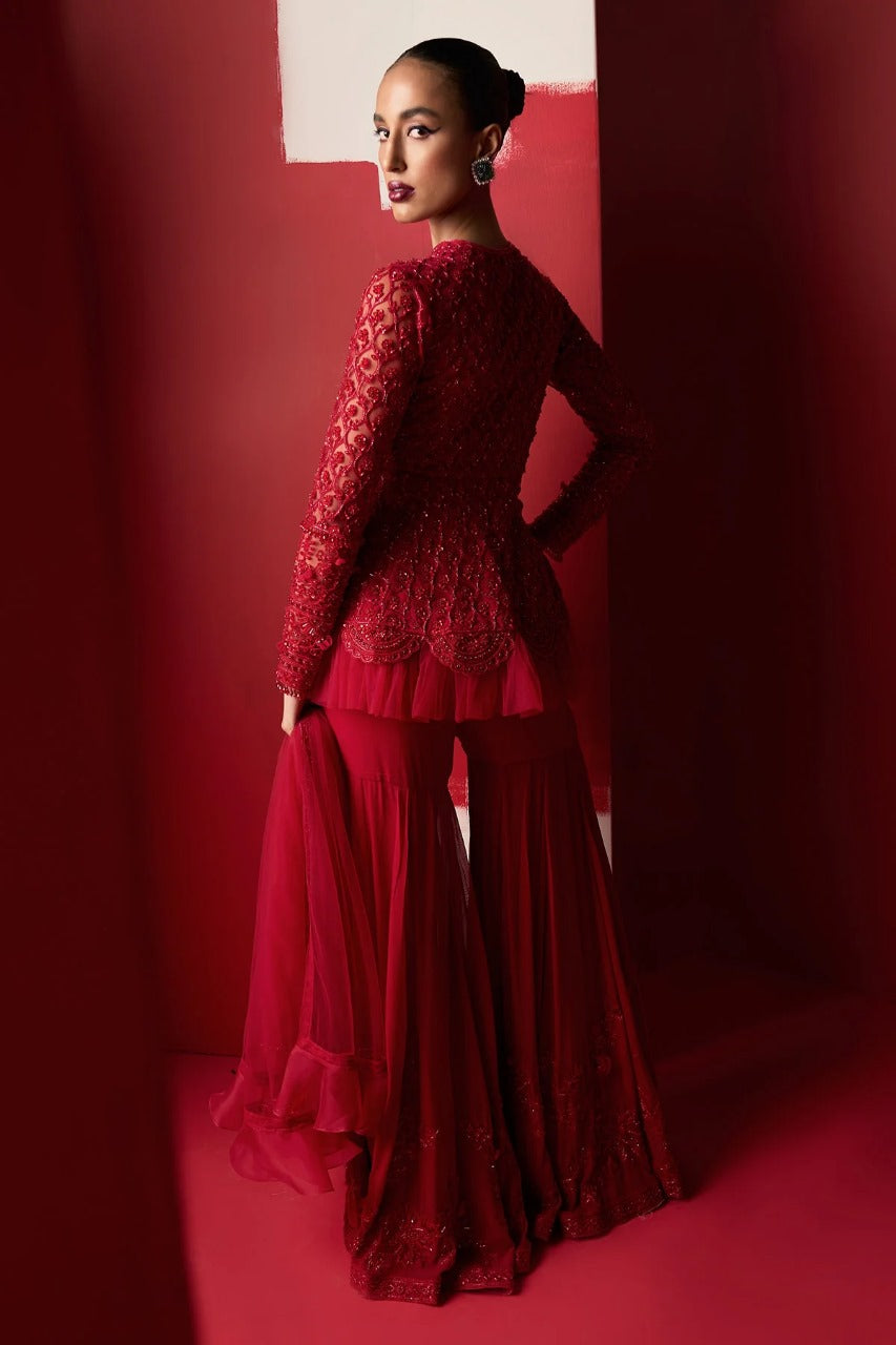 Eshrat Red Peplum Garara Set