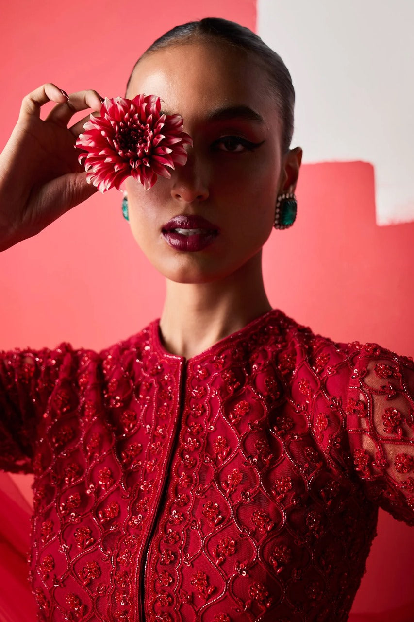 Eshrat Red Peplum Garara Set