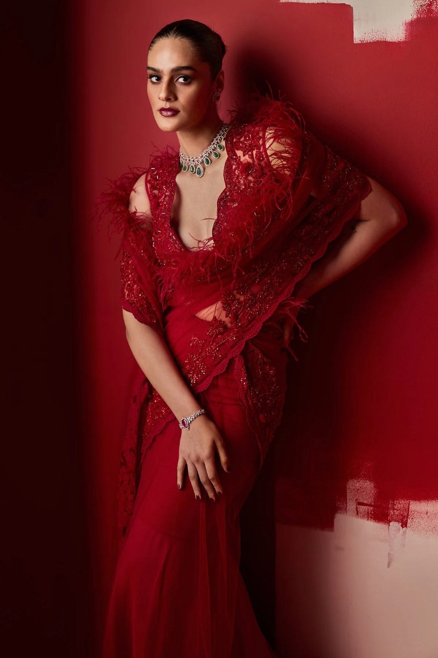 Jaansah Red Saree Set