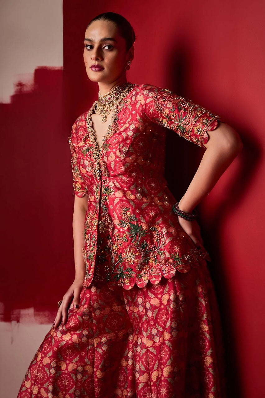 Saadirah Red Peplum Sharara Set