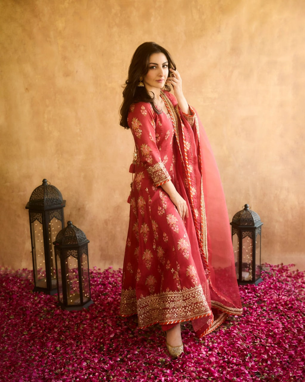 Red Soha Anarkali Set