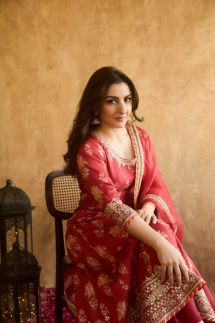 Red Soha Anarkali Set