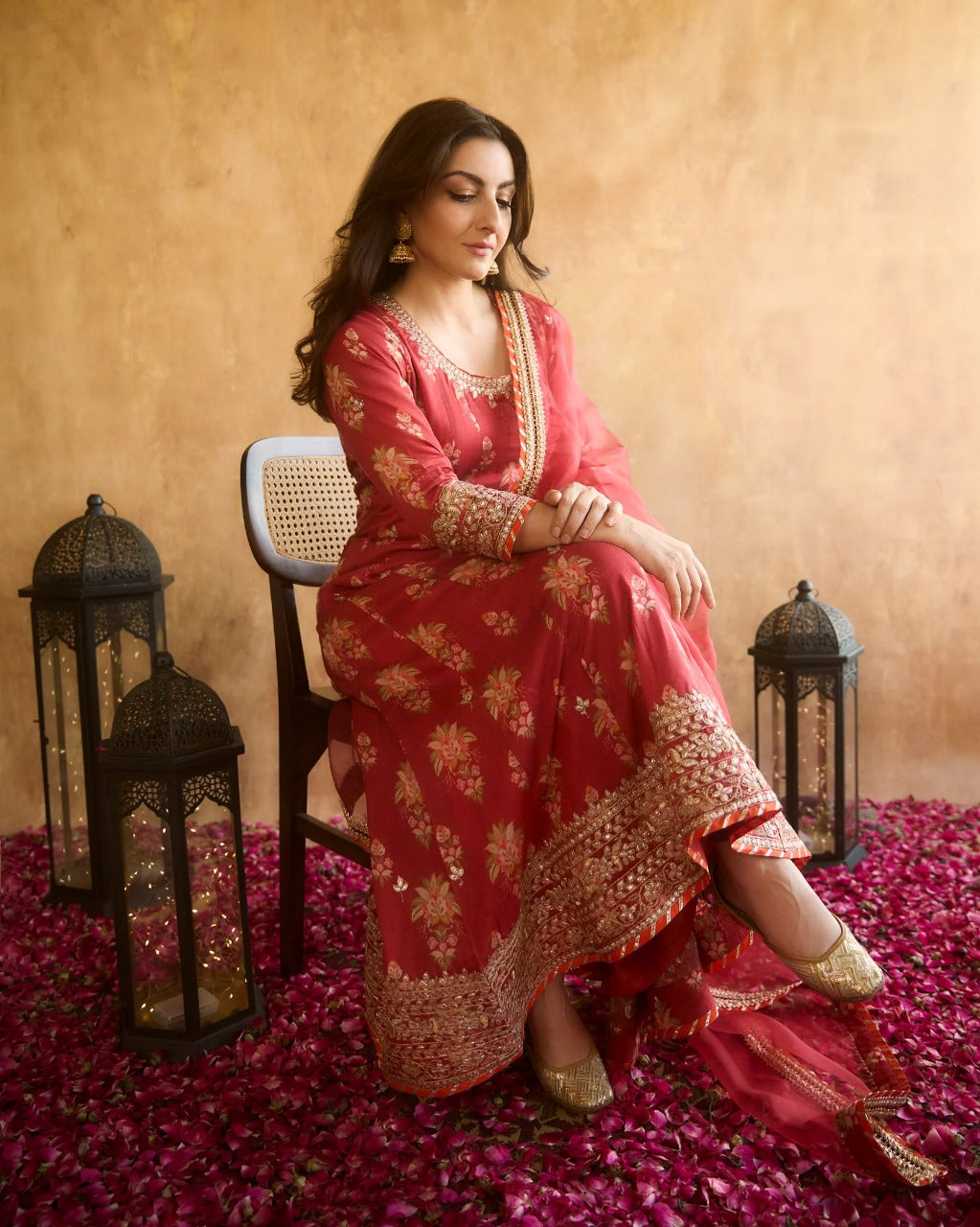 Red Soha Anarkali Set
