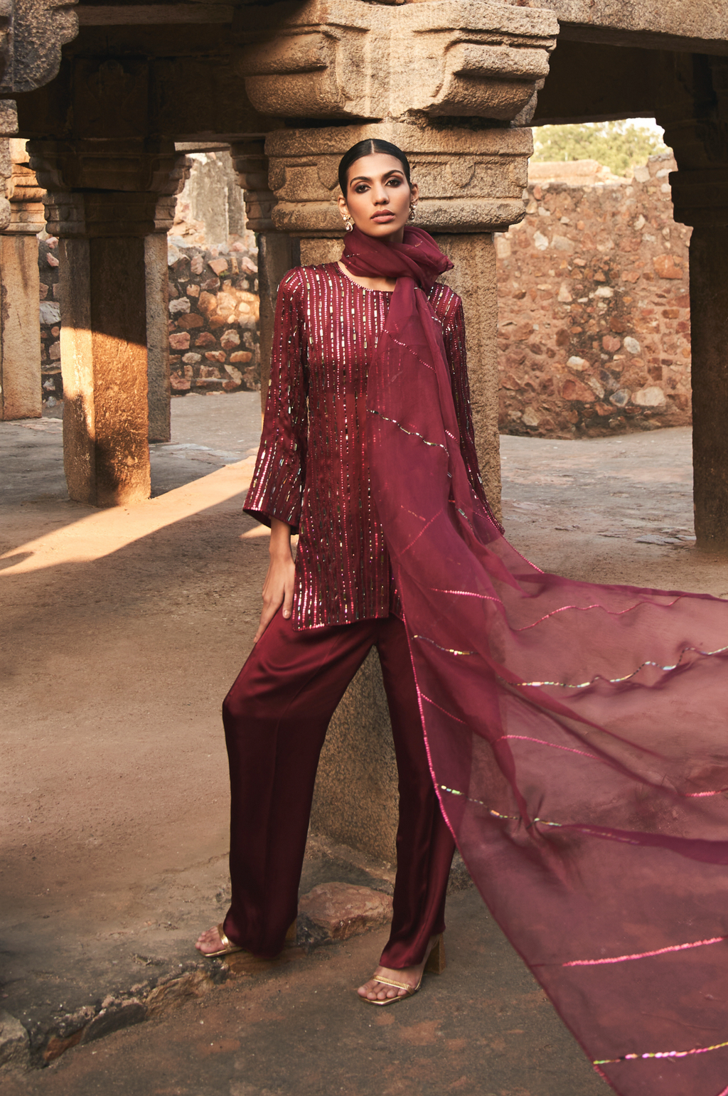 Drishti Chhabraa - Shimmer Maroon Zeya Organza Suit Set