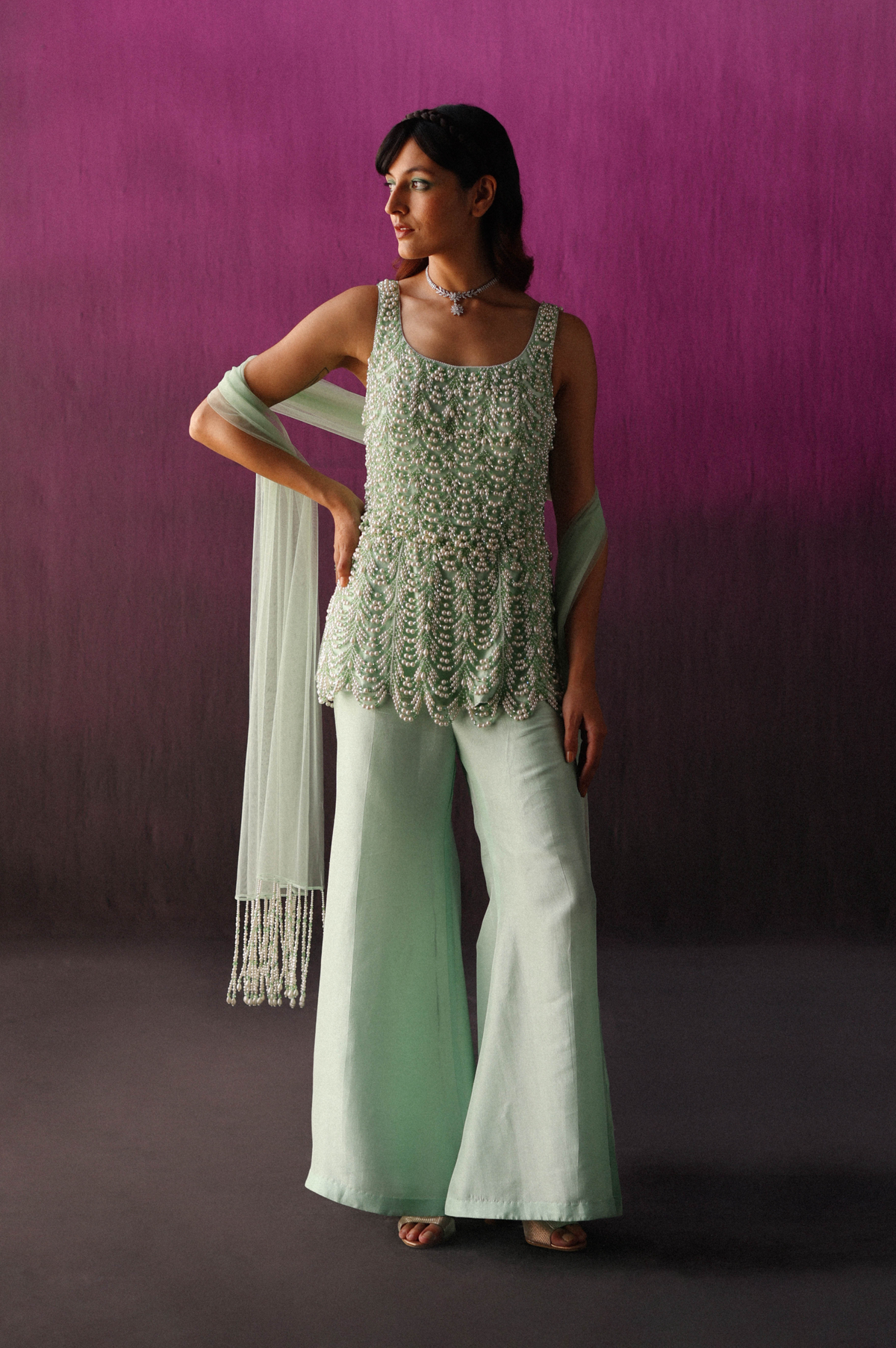 Minty Green Pearl &amp; Crystal Sharara Set