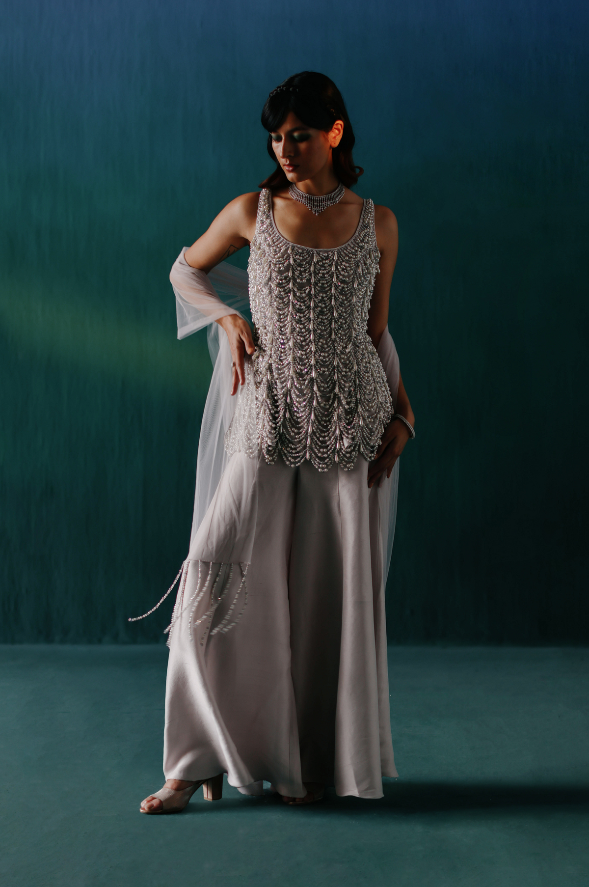 Lilac Grey Pearl &amp; crystal Sharara Set