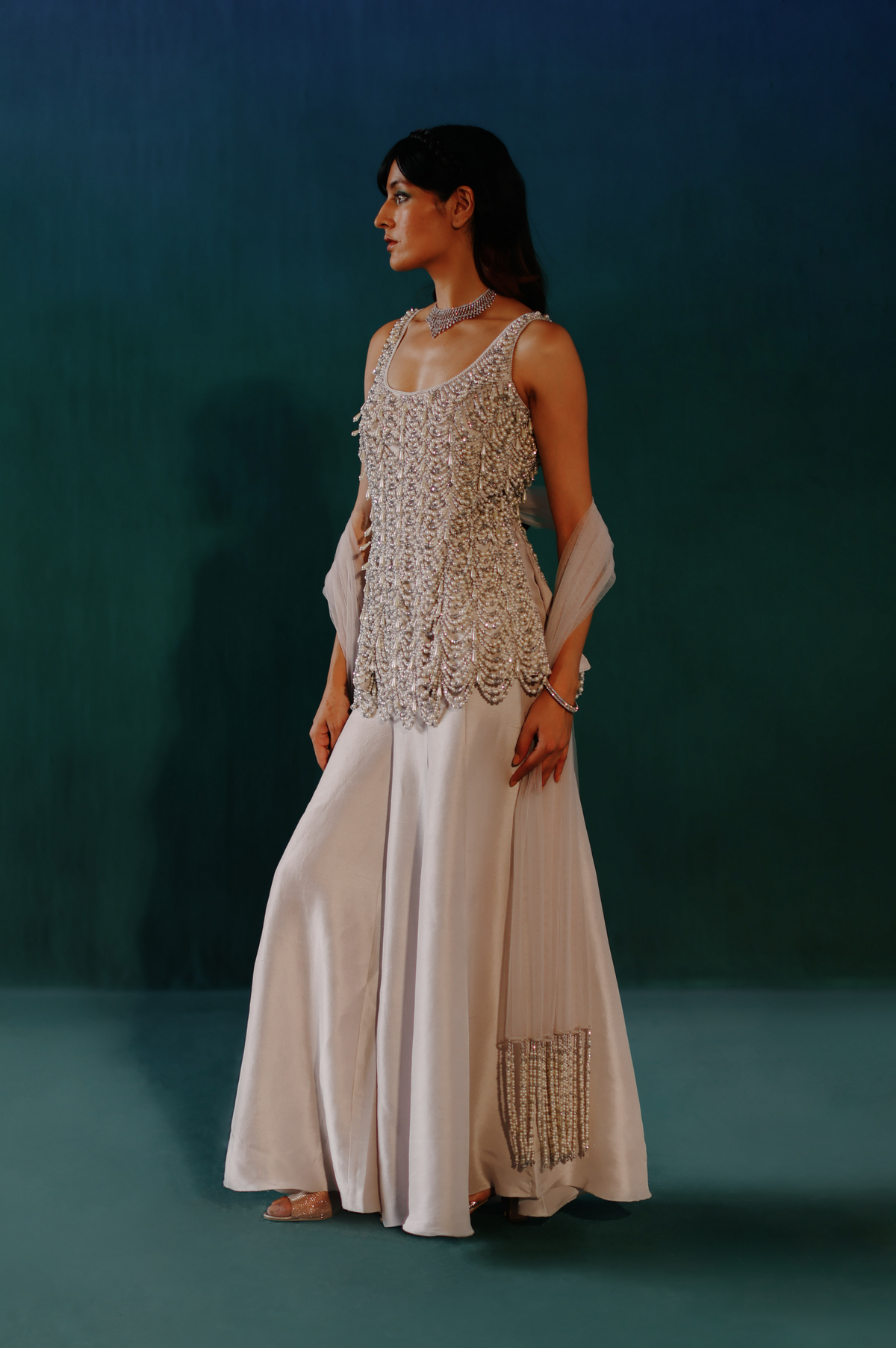 Lilac Grey Pearl &amp; crystal Sharara Set